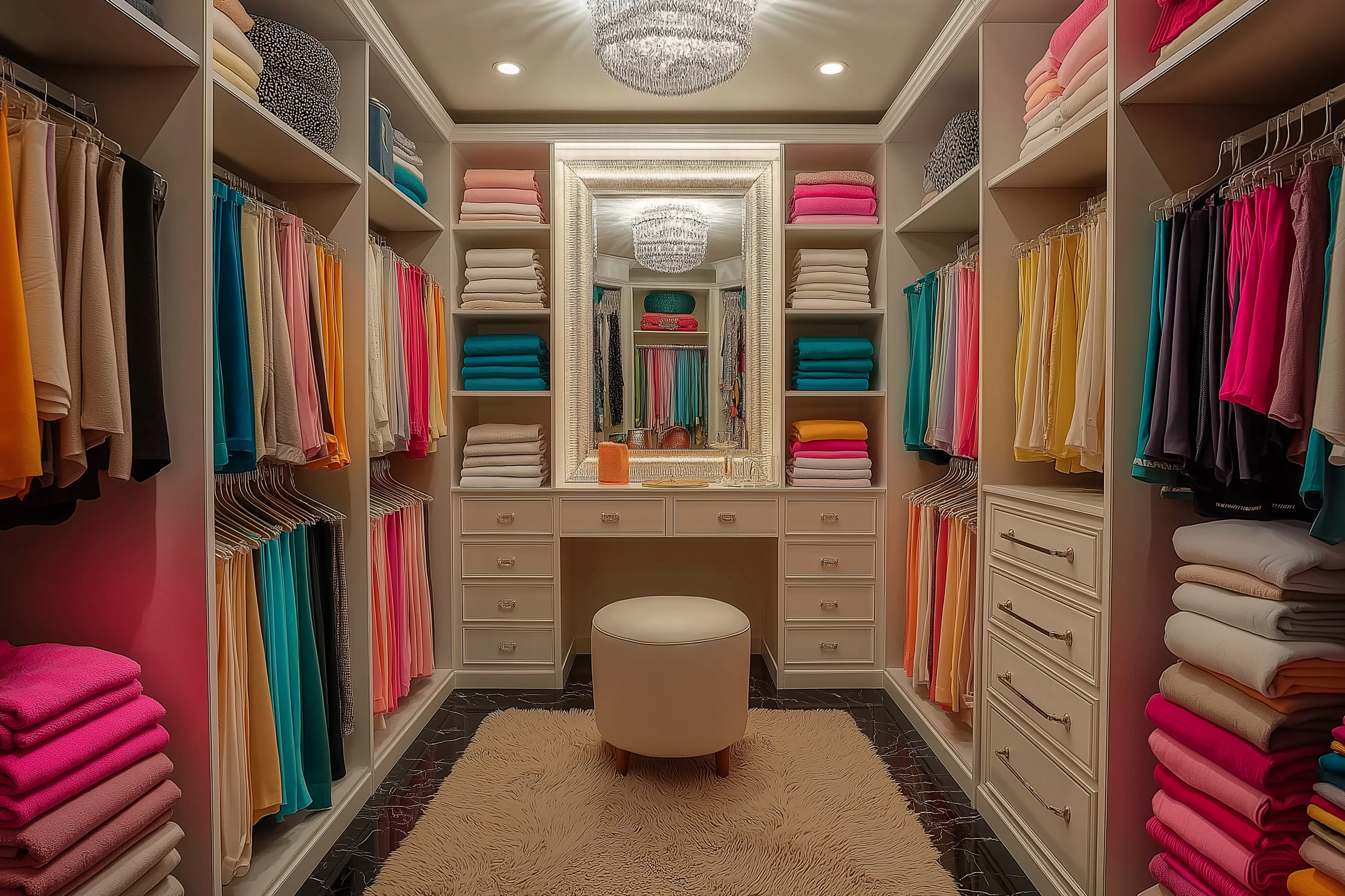 Vibrant luxury walk-in closet with clothes organized by color, custom built-in shelves, vanity station with a large mirror, a round beige ottoman, crystal chandeliers, and a soft shaggy rug.