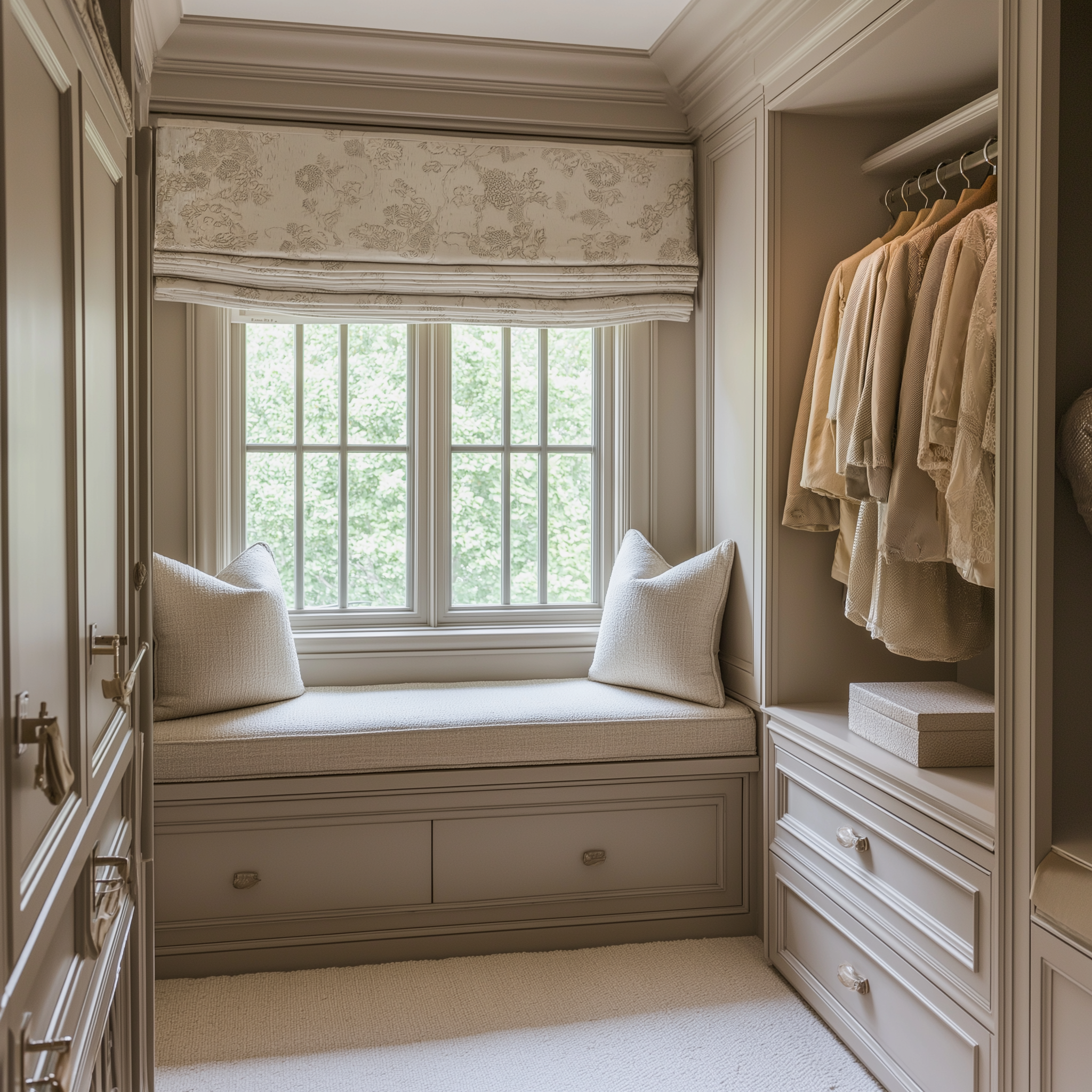 Neutral walk-in closet with a built-in window bench featuring plush throw pillows, custom wardrobe closet with hanging clothes, soft-close drawers, and elegant Roman shades.