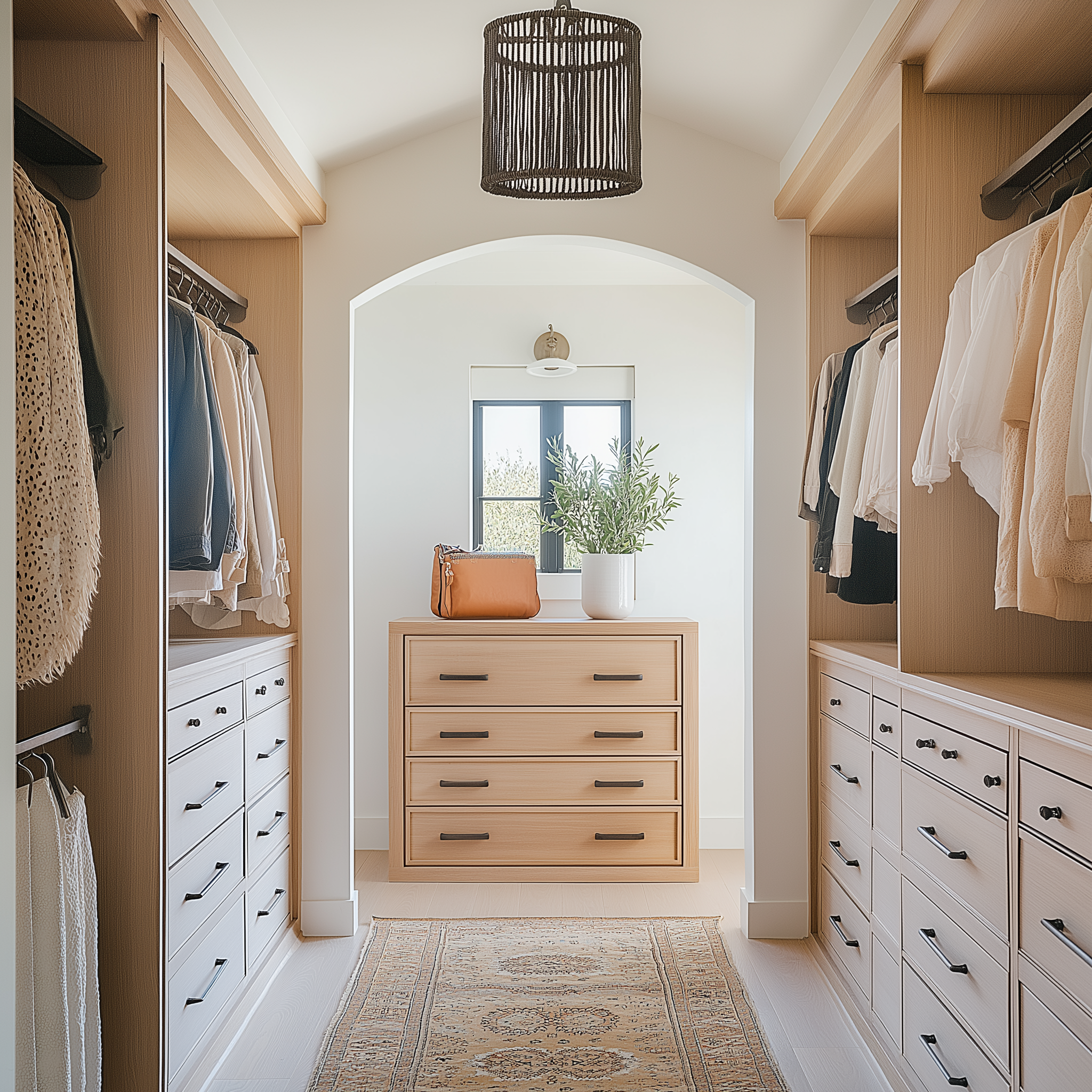 Modern walk-in closet featuring symmetrical shelving, neutral hanging clothes, a wooden center dresser with potted greenery, and a vintage-inspired rug.