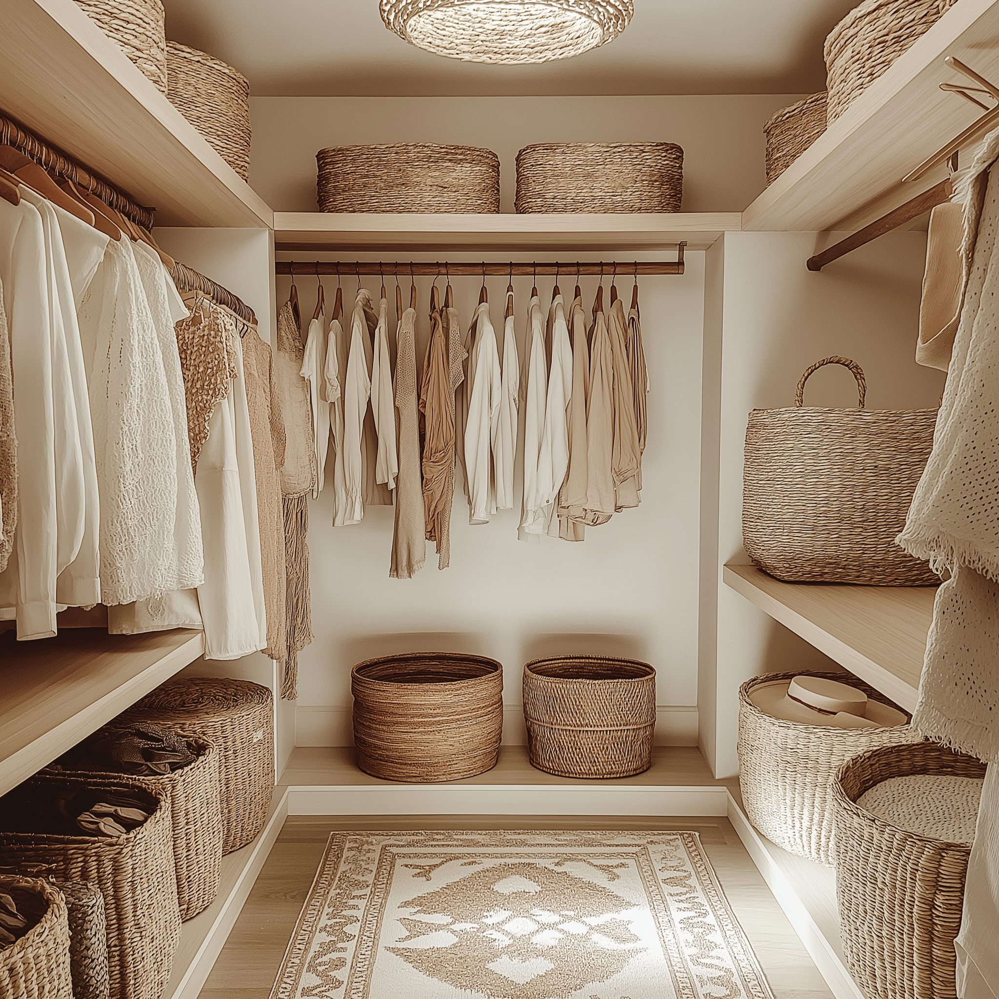 Neutral-toned walk-in closet with woven storage baskets, hanging beige and white clothes, a patterned rug, and boho-inspired organization.