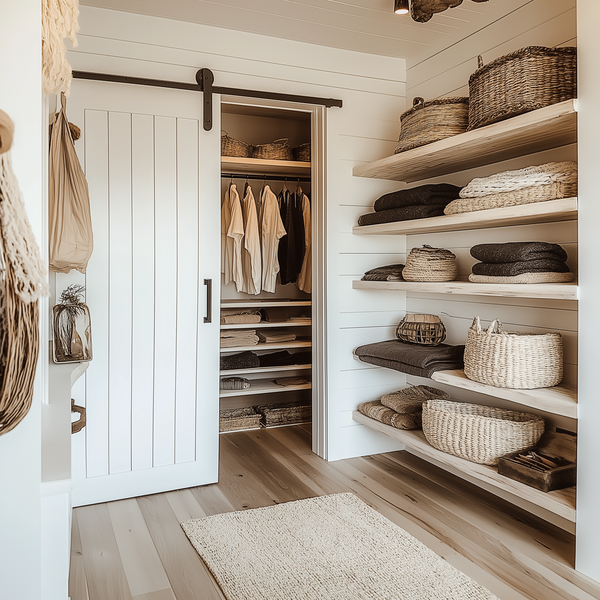 Farmhouse-inspired walk-in closet with sliding barn door, wooden shelves filled with folded linens, woven storage baskets, neutral rug, and hanging clothes in a modern minimalist style.