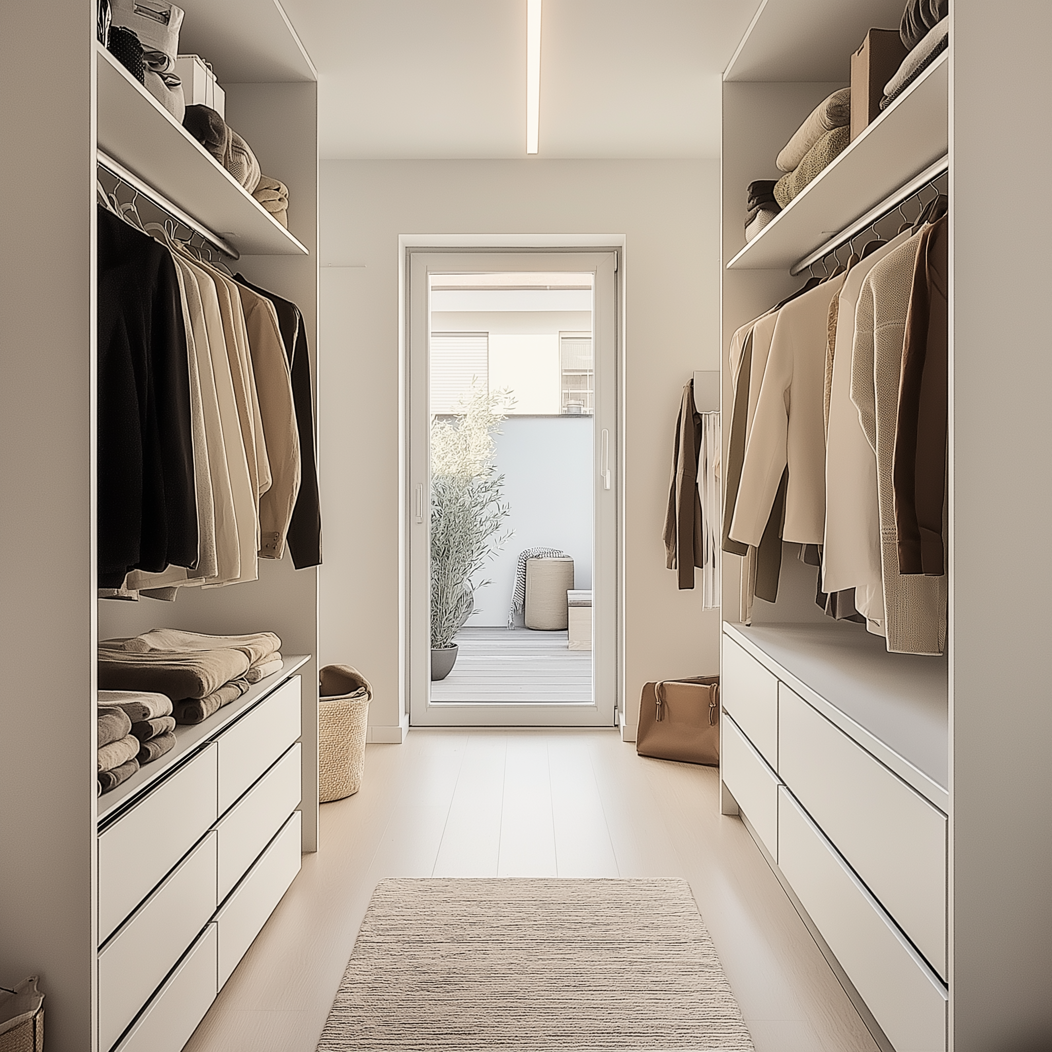 Minimalist walk-in closet with neutral built-in shelving, organized clothes, sleek drawers, a neutral rug, and a sliding glass door leading to a small balcony.