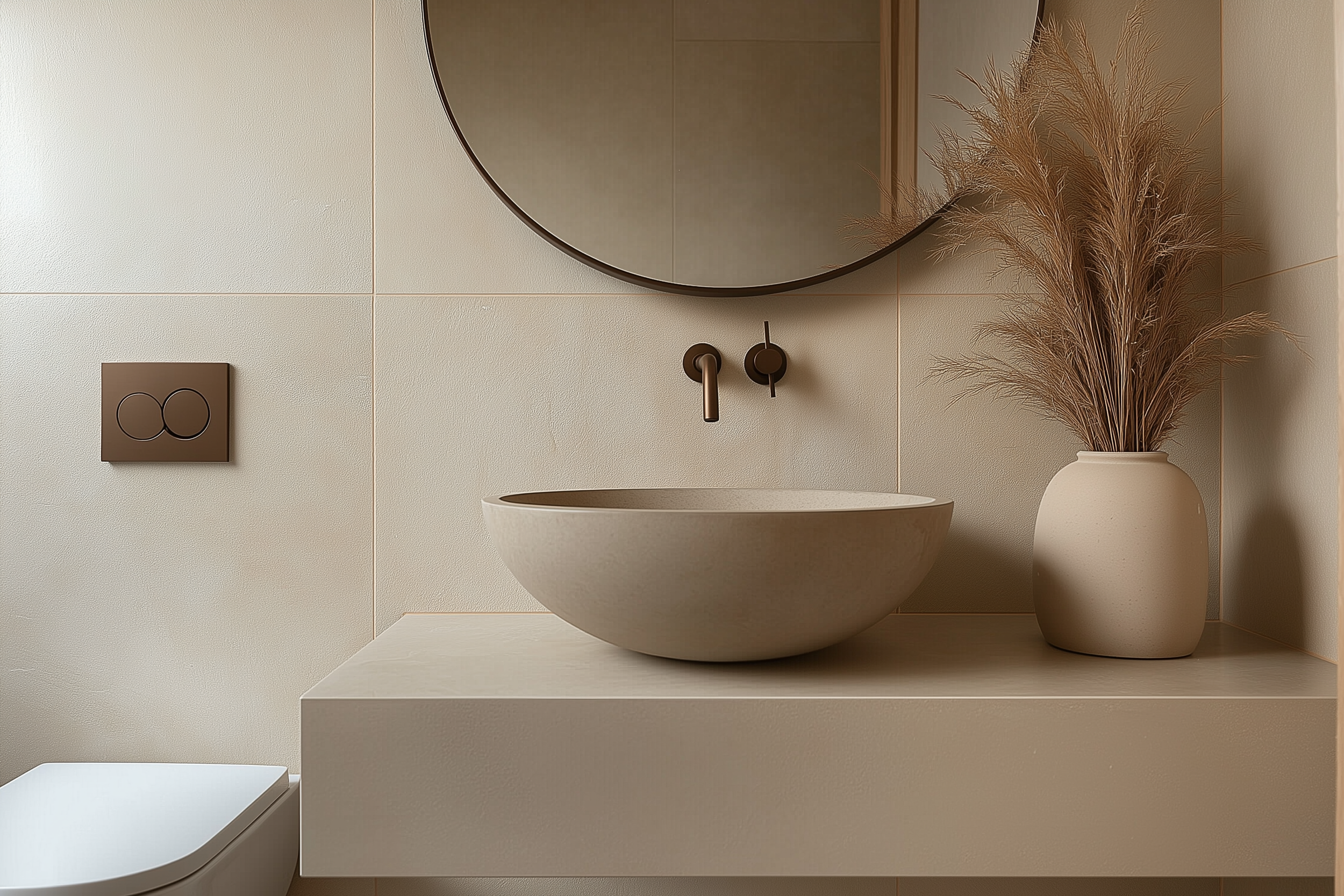 Japandi bathroom featuring a neutral bowl sink, circular mirror, sand-colored tiles, and pampas grass in a vase. A perfect blend of Scandinavian minimalism and Japanese zen."