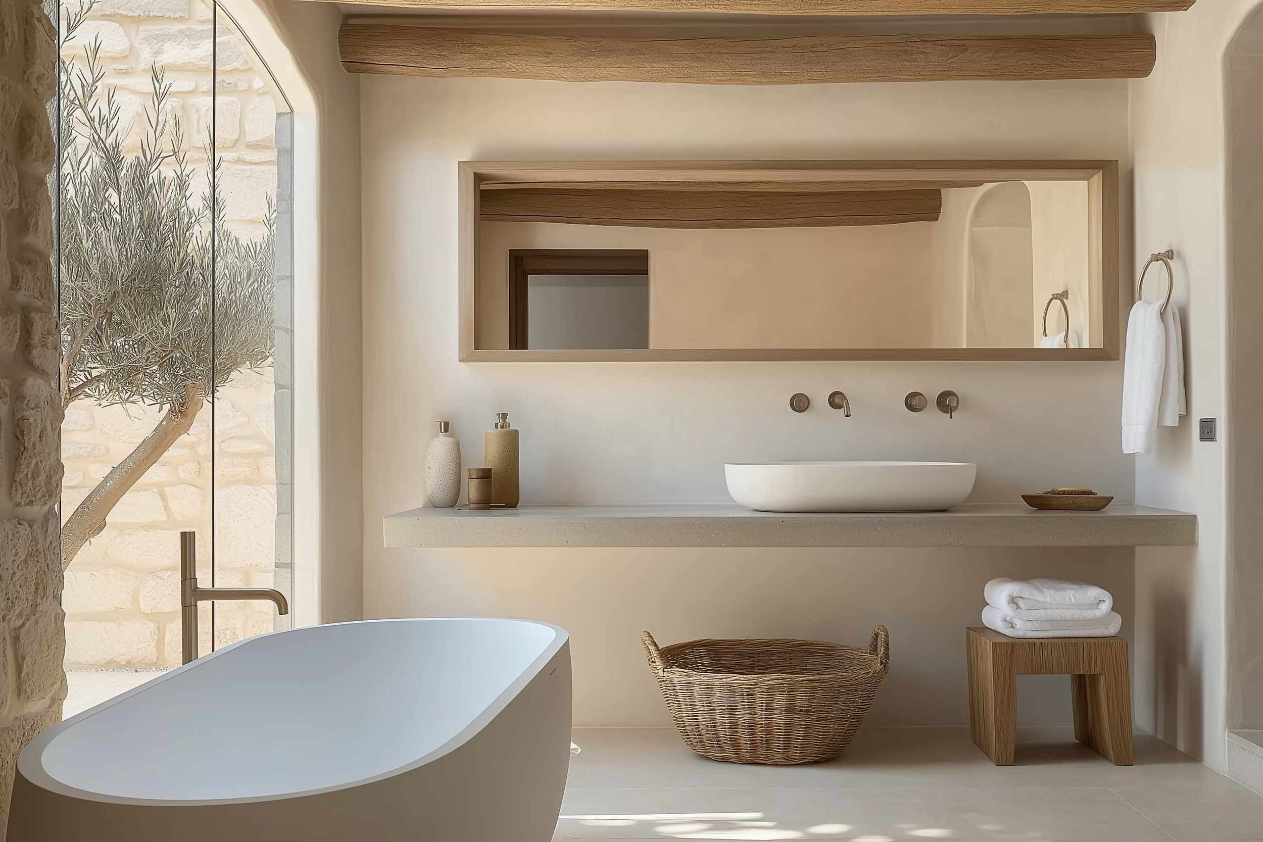 Japandi bathroom with a floating concrete vanity, wooden-framed mirror, woven basket, modern standalone tub, and exposed wooden beams under natural light.