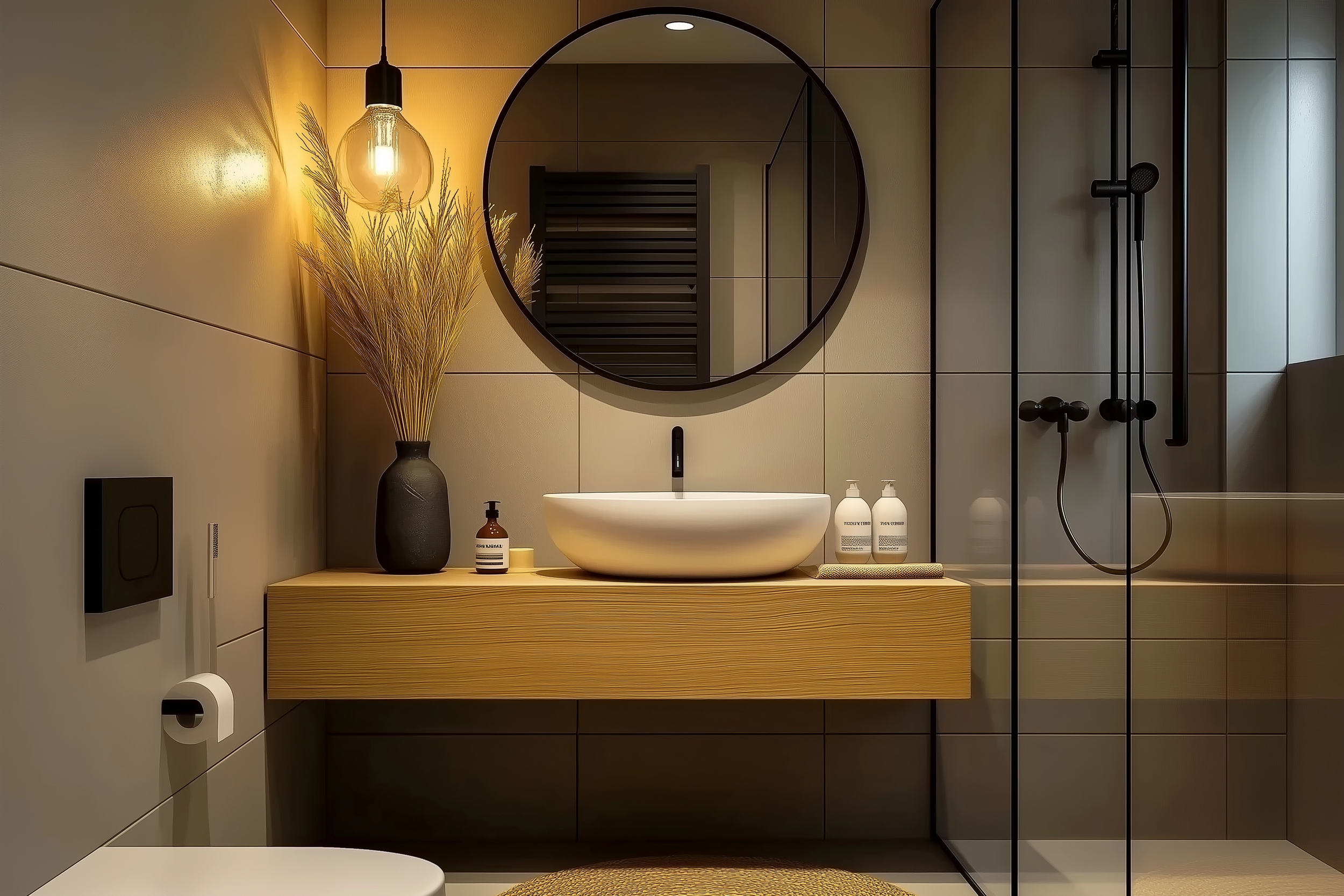 Japandi bathroom featuring a floating wooden vanity, round black-framed mirror, warm pendant lighting, and black vase with pampas grass.