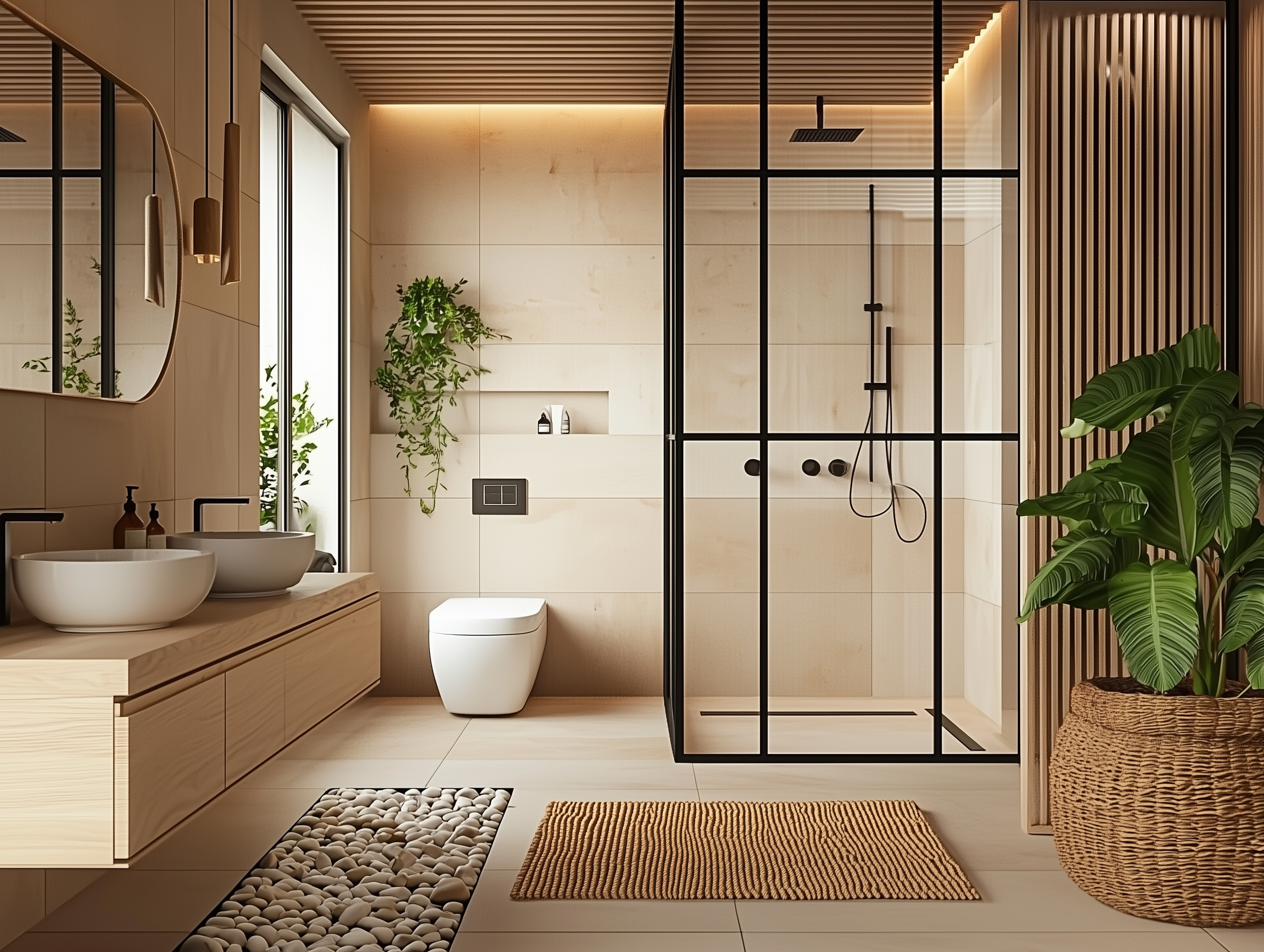 Japandi bathroom with a floating vanity, black-framed shower doors, pebble floor inlay, greenery, and wood-slatted ceiling for a serene spa-like ambiance.