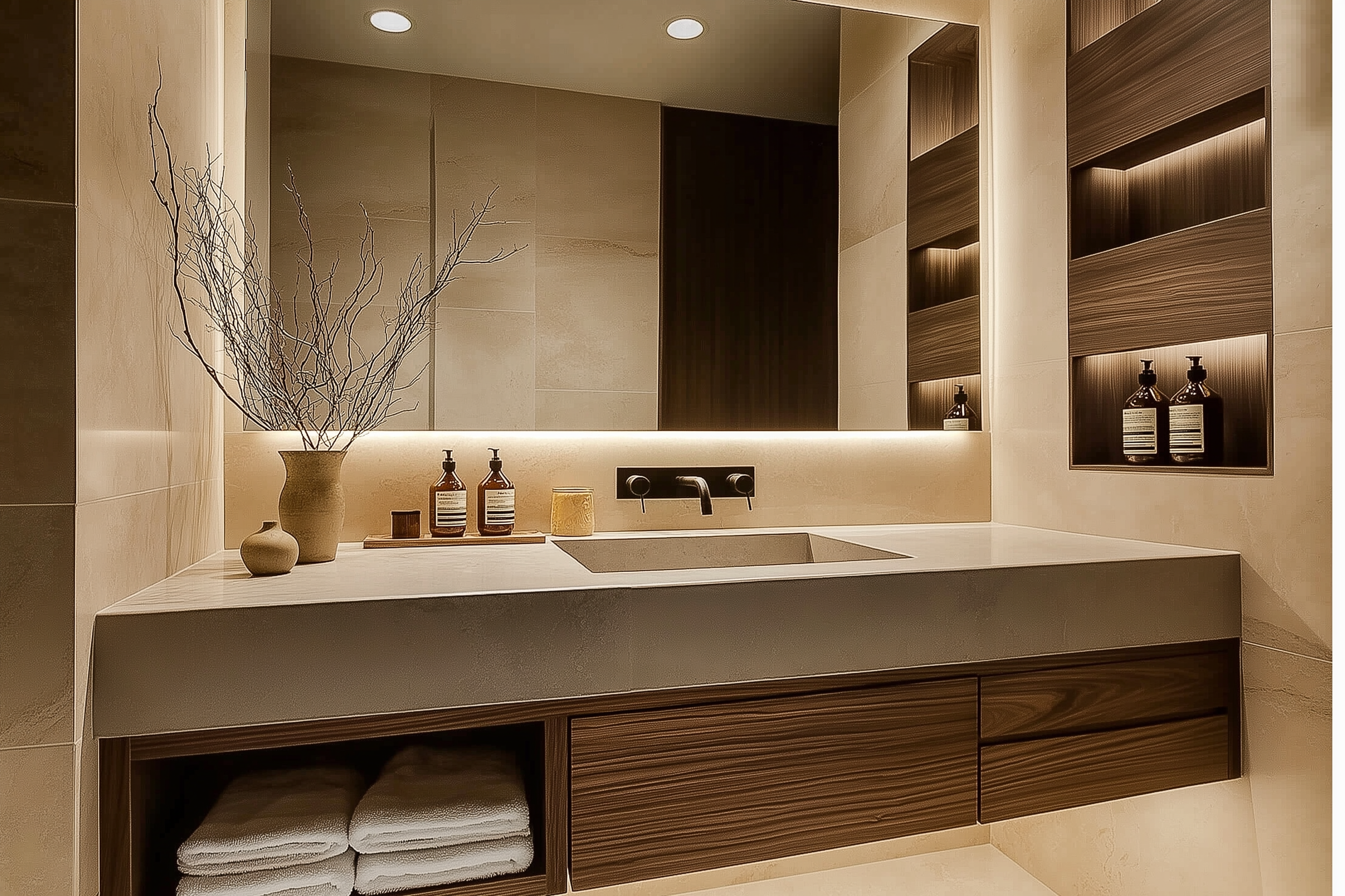 Japandi bathroom with an integrated sink, recessed wooden shelving, LED backlighting, and minimalist accessories for a serene, modern design