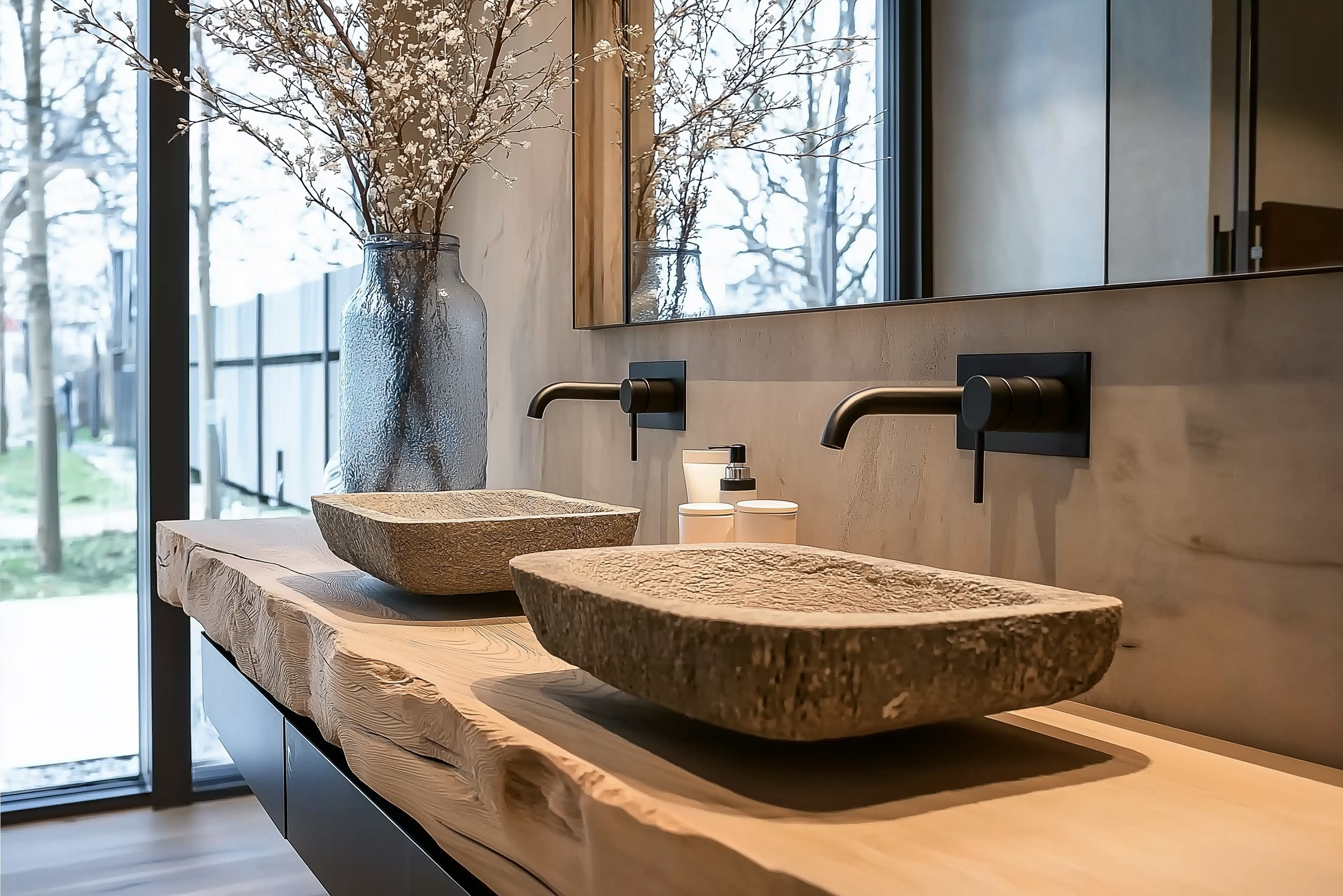 Japandi bathroom featuring stone vessel sinks, a live-edge wooden countertop, matte black wall-mounted faucets, and minimalist accessories in natural materials.