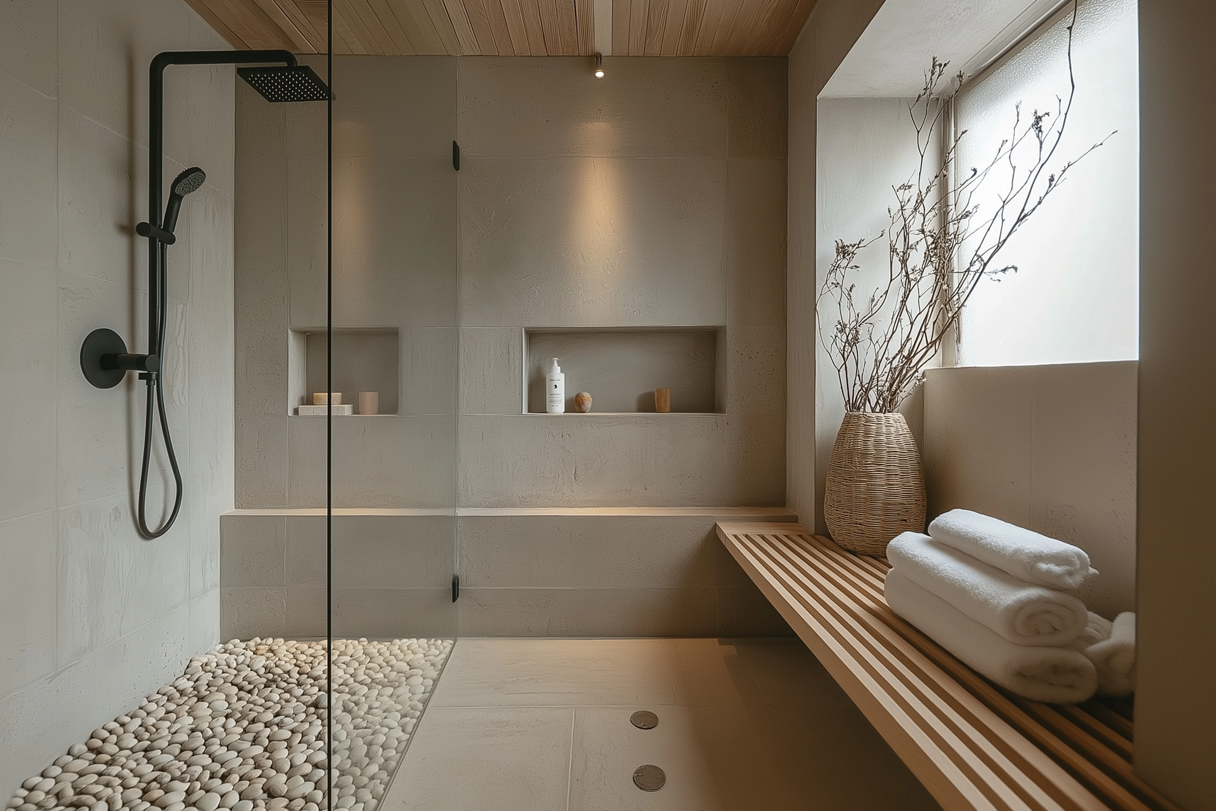 Japandi bathroom featuring a pebble shower floor, wooden slatted bench, built-in niches, and a woven vase with delicate branches.
