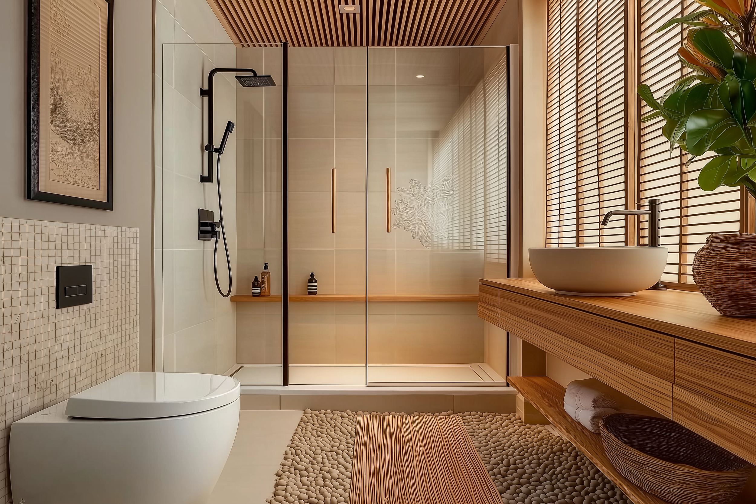 Japandi bathroom with pebble flooring, wooden accents, glass shower, bamboo blinds, and a minimalist sink vanity.
