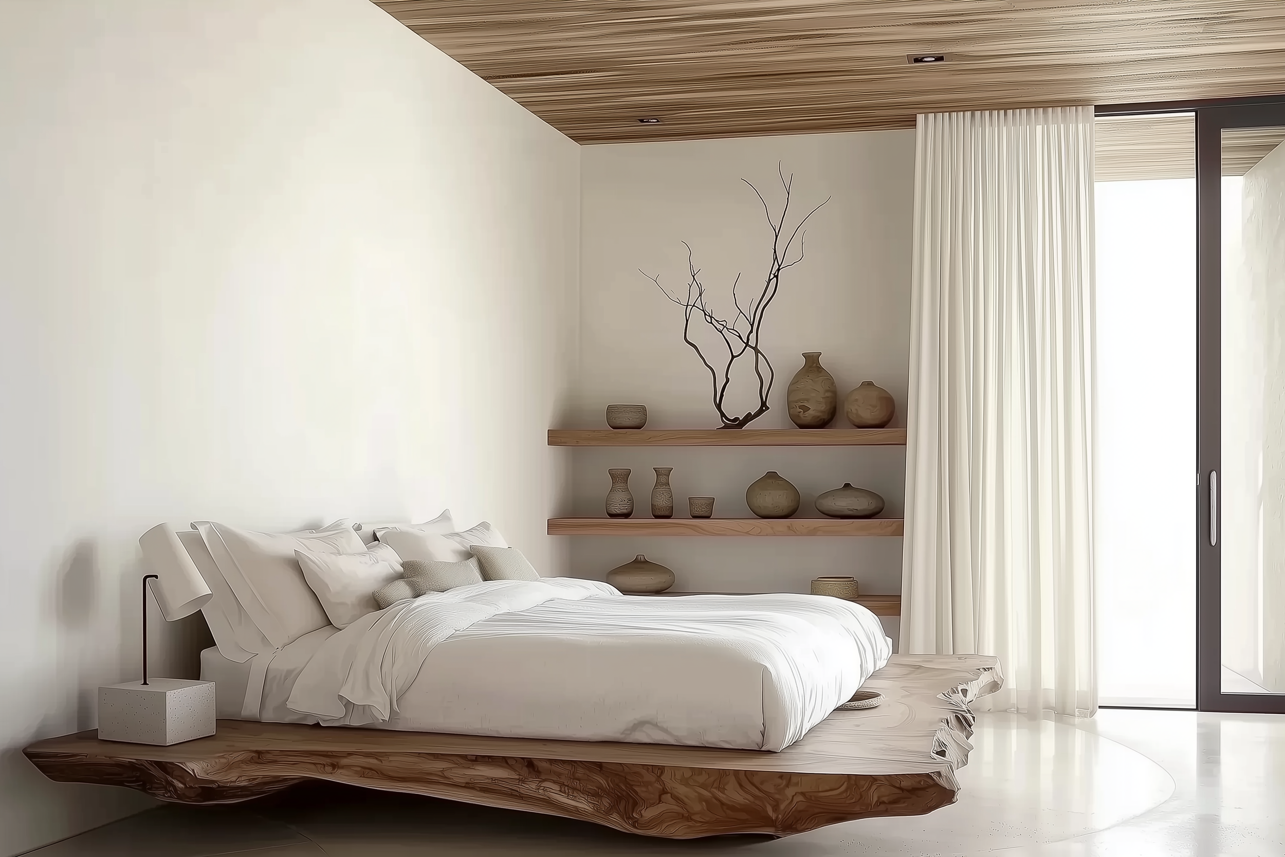 A Japandi bedroom featuring a live-edge wooden bed frame, floating wooden shelves with muted pottery, and sheer white curtains filtering soft natural light