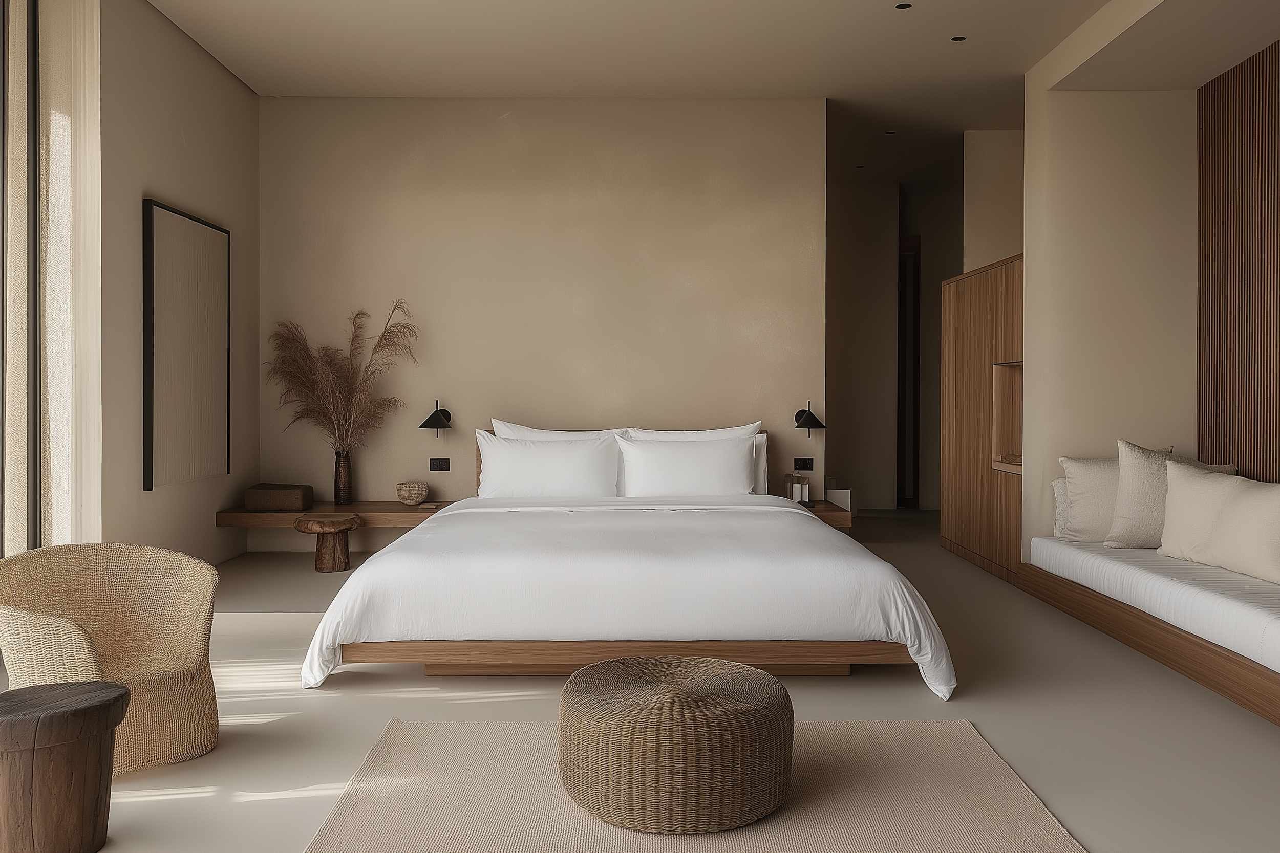 Japandi bedroom featuring a minimalist wooden platform bed, woven ottoman, pampas grass arrangement, and sleek black wall sconces, designed for a cozy yet elegant aesthetic.