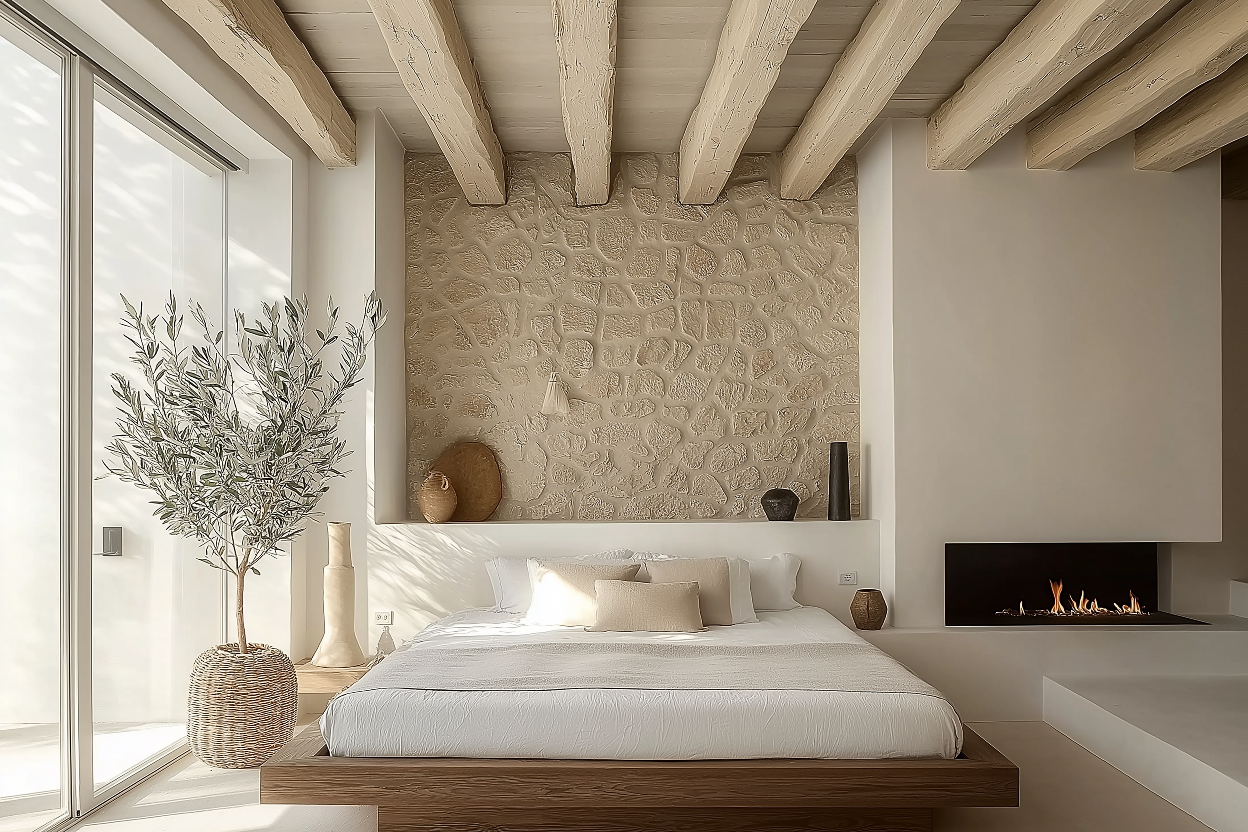 Japandi bedroom featuring a textured stone wall, wooden bed frame with neutral bedding, an olive tree in a woven basket, and a modern fireplace for a cozy, earthy aesthetic.