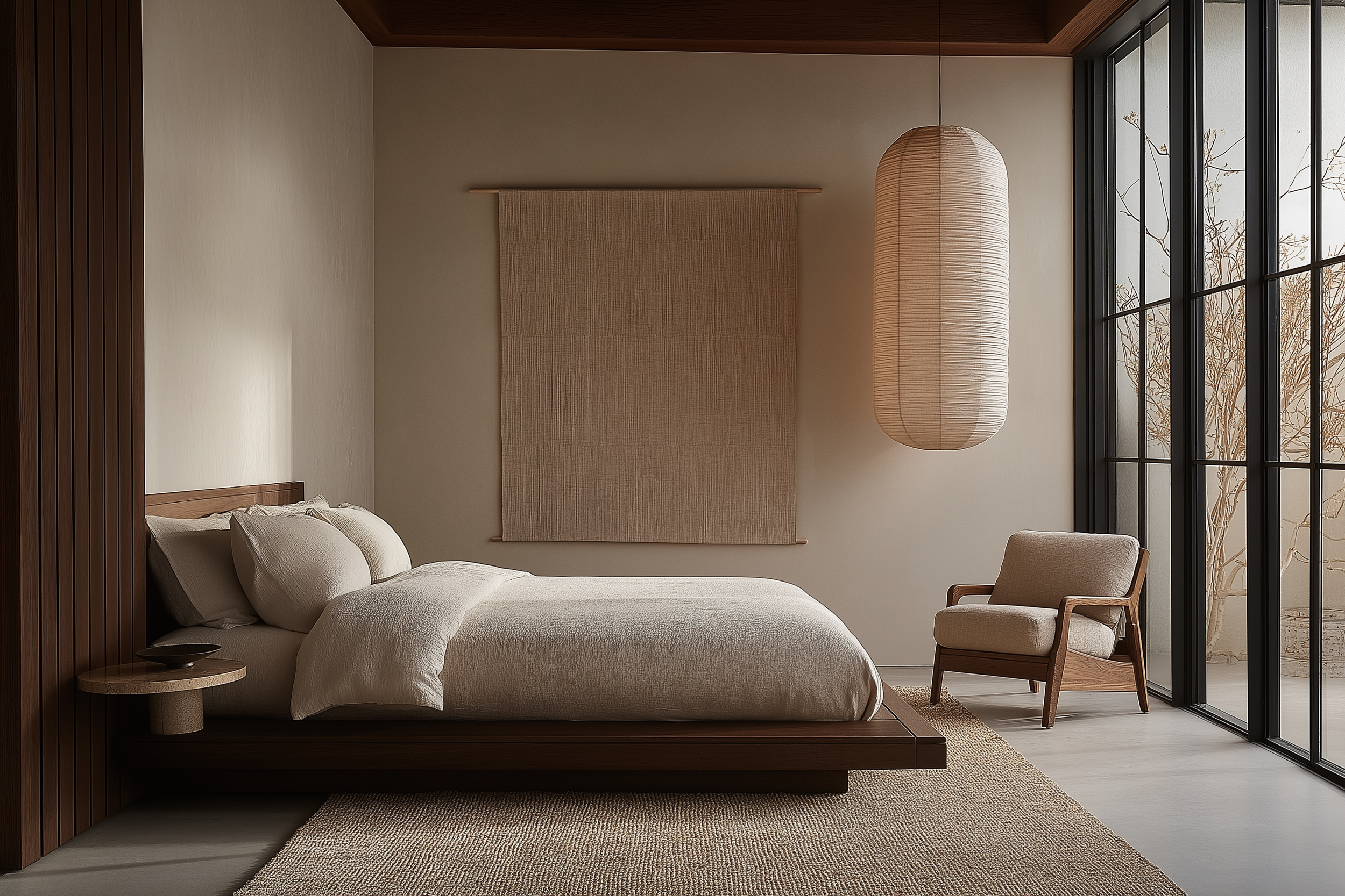 Japandi bedroom featuring a low wooden bed frame with neutral bedding, a textured jute rug, a fabric wall hanging, an oversized paper pendant light, and a minimalist wooden accent chair.
