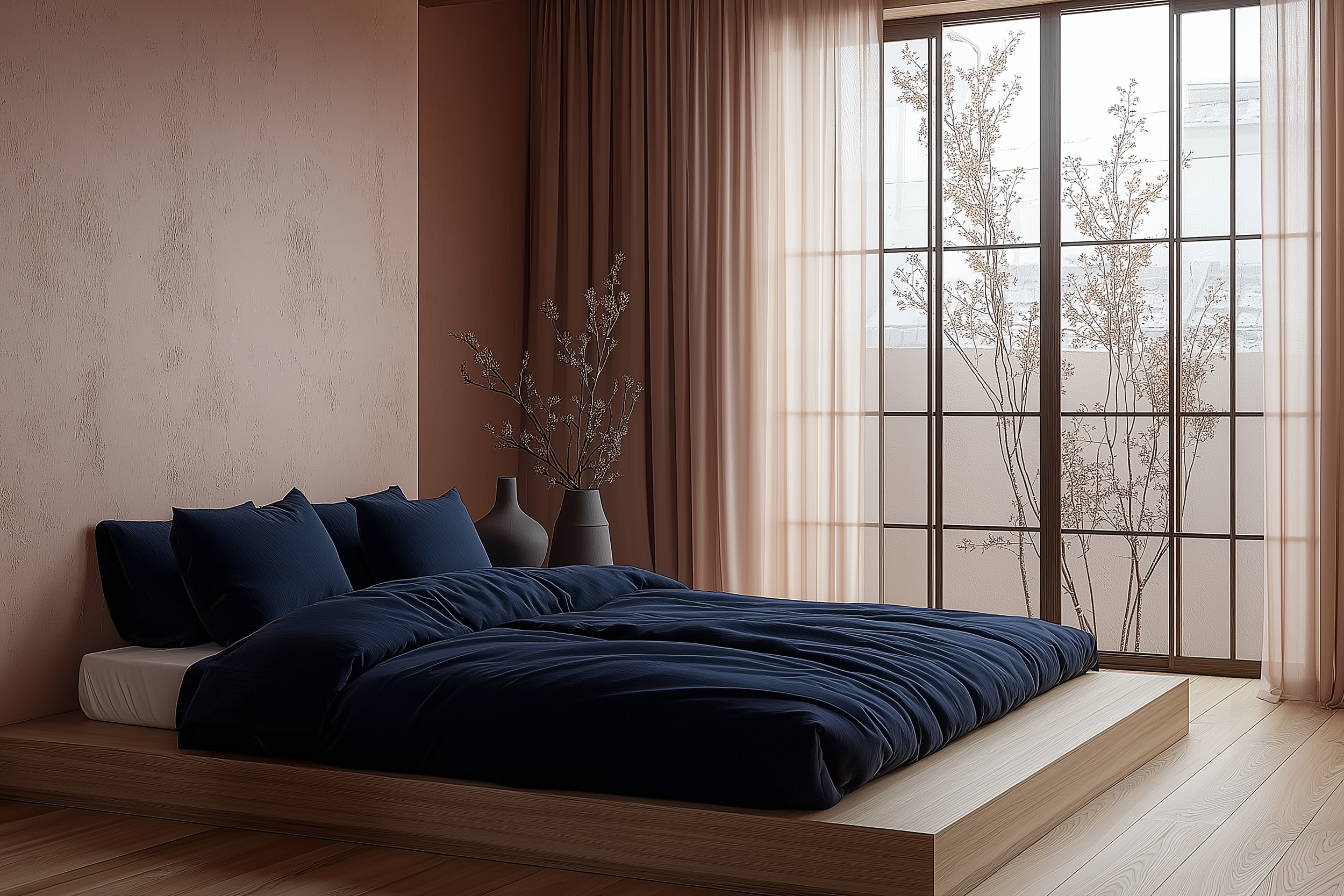 Japandi bedroom with a low wooden platform bed dressed in deep navy bedding, warm terracotta walls, sheer blush curtains, and minimalist black vases with branches for décor.