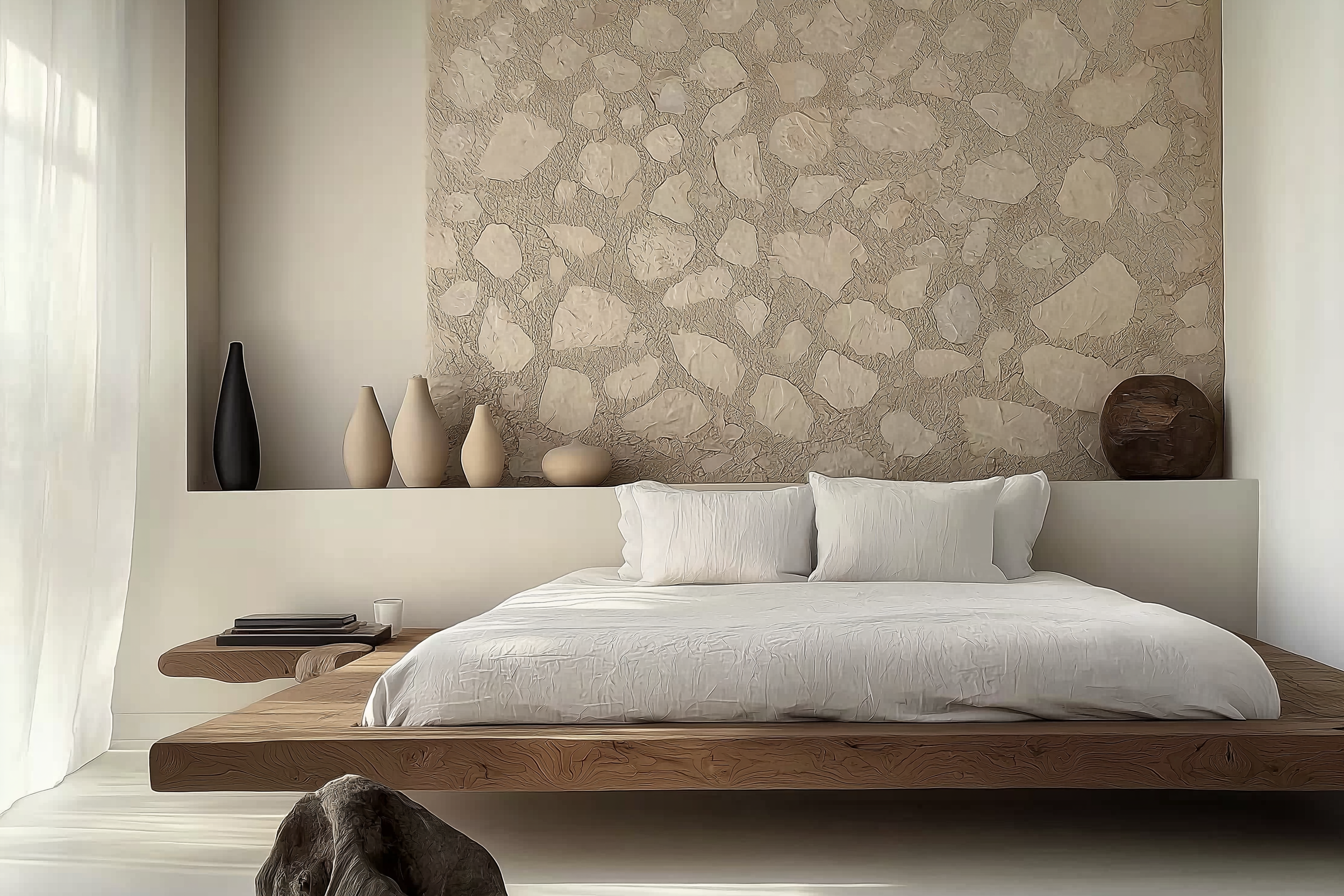 Japandi bedroom featuring a floating wooden bed, textured stone accent wall, minimalist ceramic vases, sheer white curtains, and natural earthy tones.