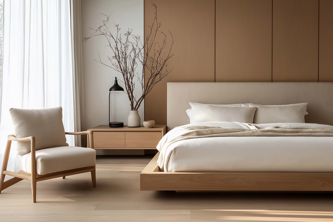 Japandi bedroom design featuring a wooden platform bed, minimalist nightstand, cozy lounge chair, sheer white curtains, and natural branches in ceramic vases.