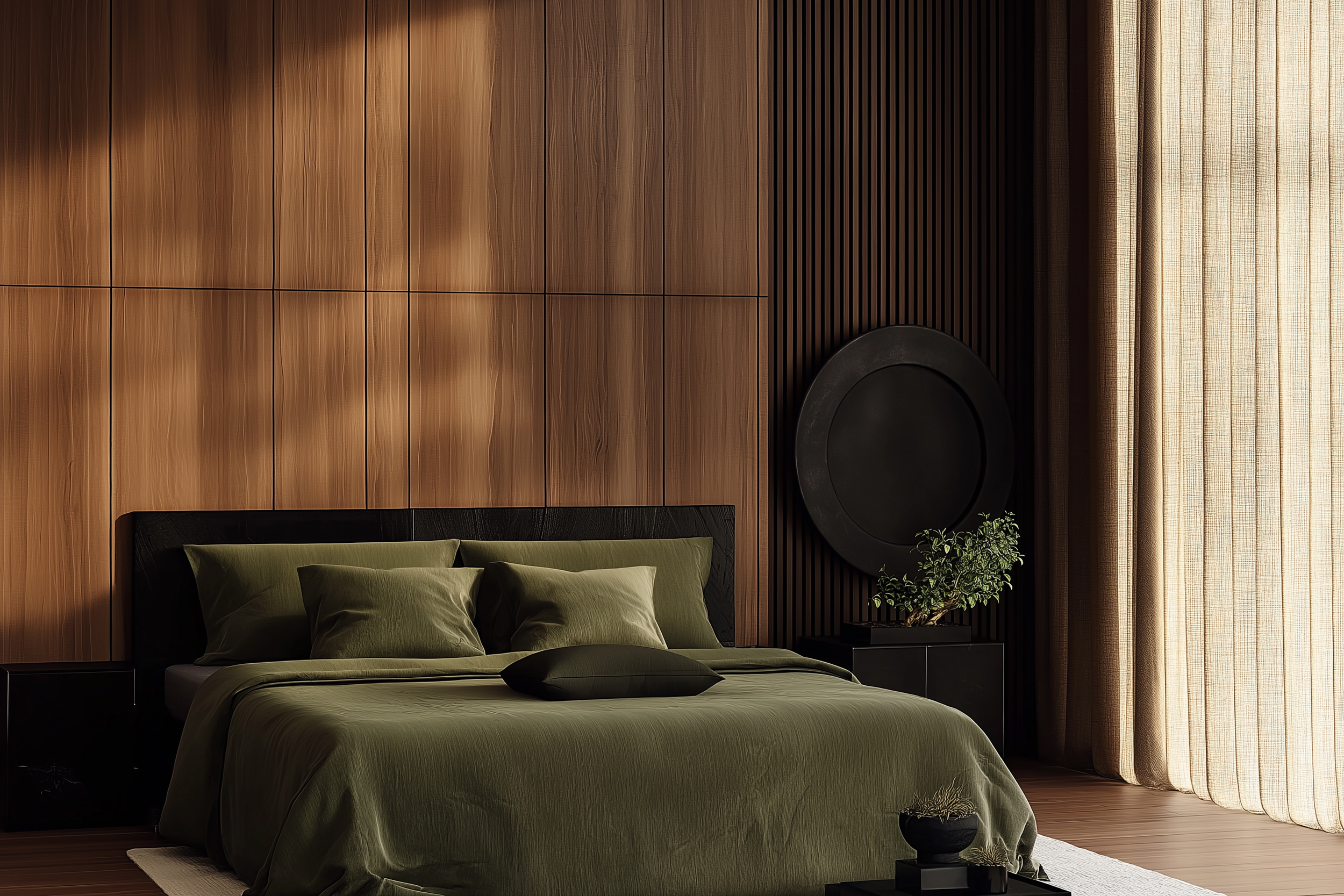 Japandi bedroom design with olive green bedding, dark wood panel walls, black side tables, round black artwork, beige curtains, and a potted bonsai tree.
