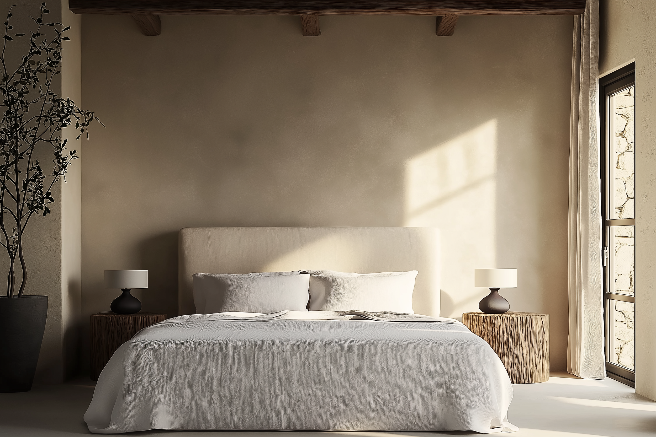 Minimalist Japandi bedroom featuring a padded beige headboard, soft cream bedding, wooden side tables, black ceramic lamps, a potted olive tree, and sheer white curtains filtering natural light.