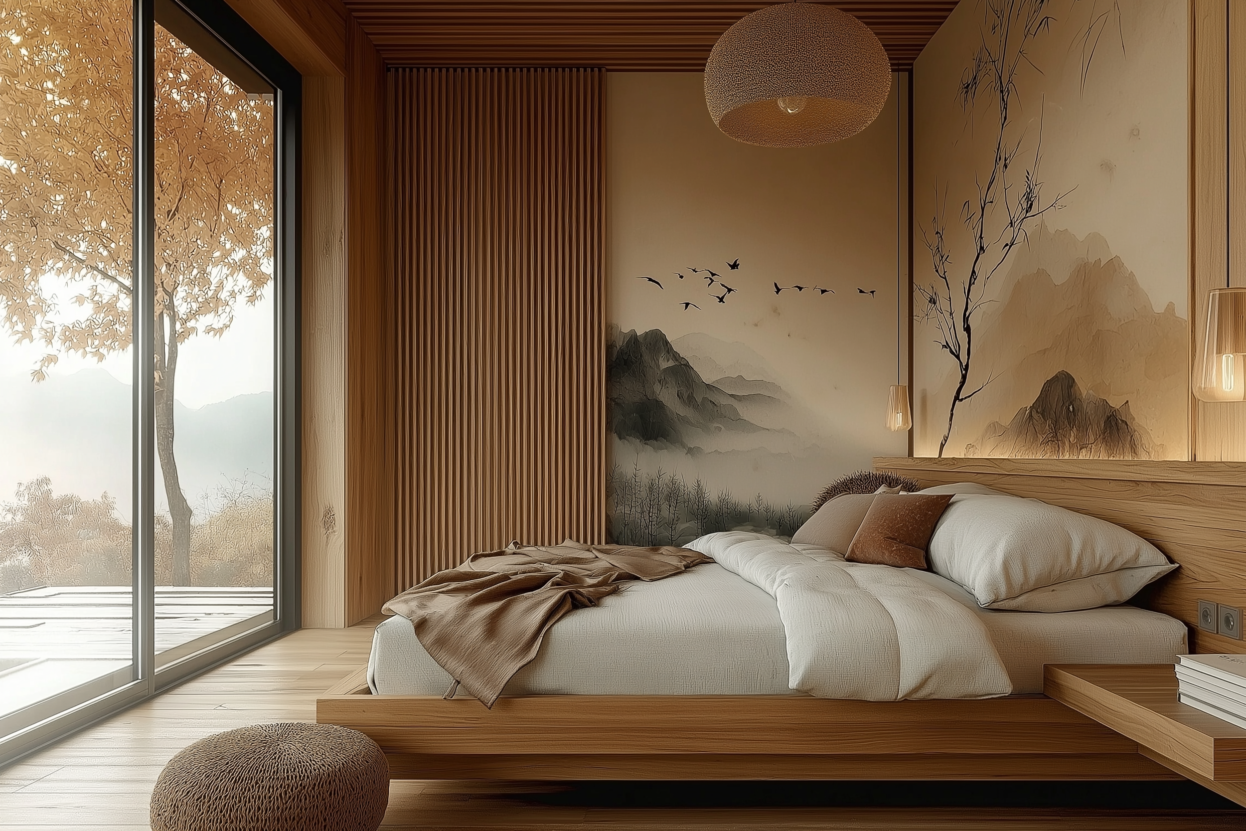 A Japandi bedroom featuring a nature-inspired wall mural, a minimalist wooden platform bed with beige bedding, warm pendant lights, and a woven ottoman.