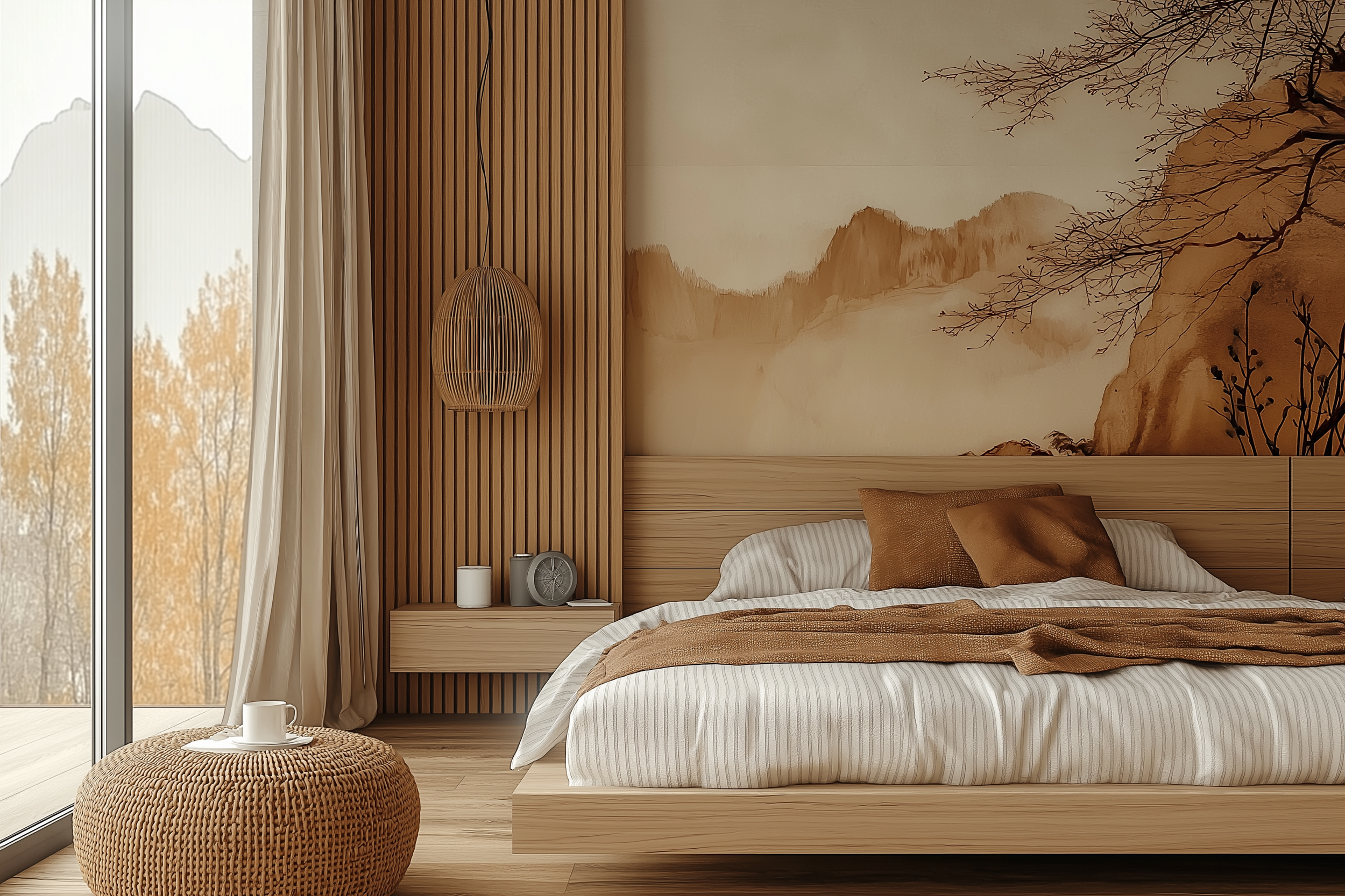 Japandi bedroom with a mountain-inspired wall mural, wooden slatted accent wall, minimalist platform bed in neutral tones, woven pouf, and a pendant light for warm ambiance.