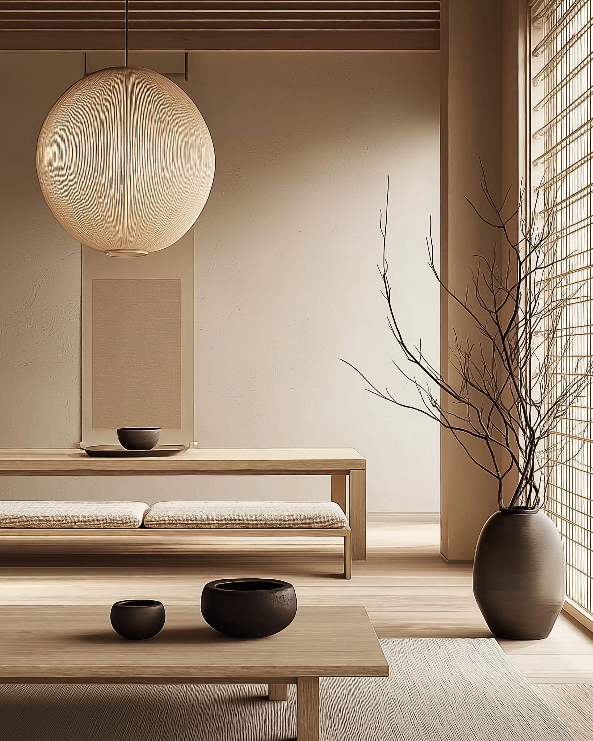 A Japandi living room featuring a natural fiber pendant light, minimalist wooden furniture, ceramic bowls on a sleek coffee table, and a vase with organic branches for an elegant, serene look.