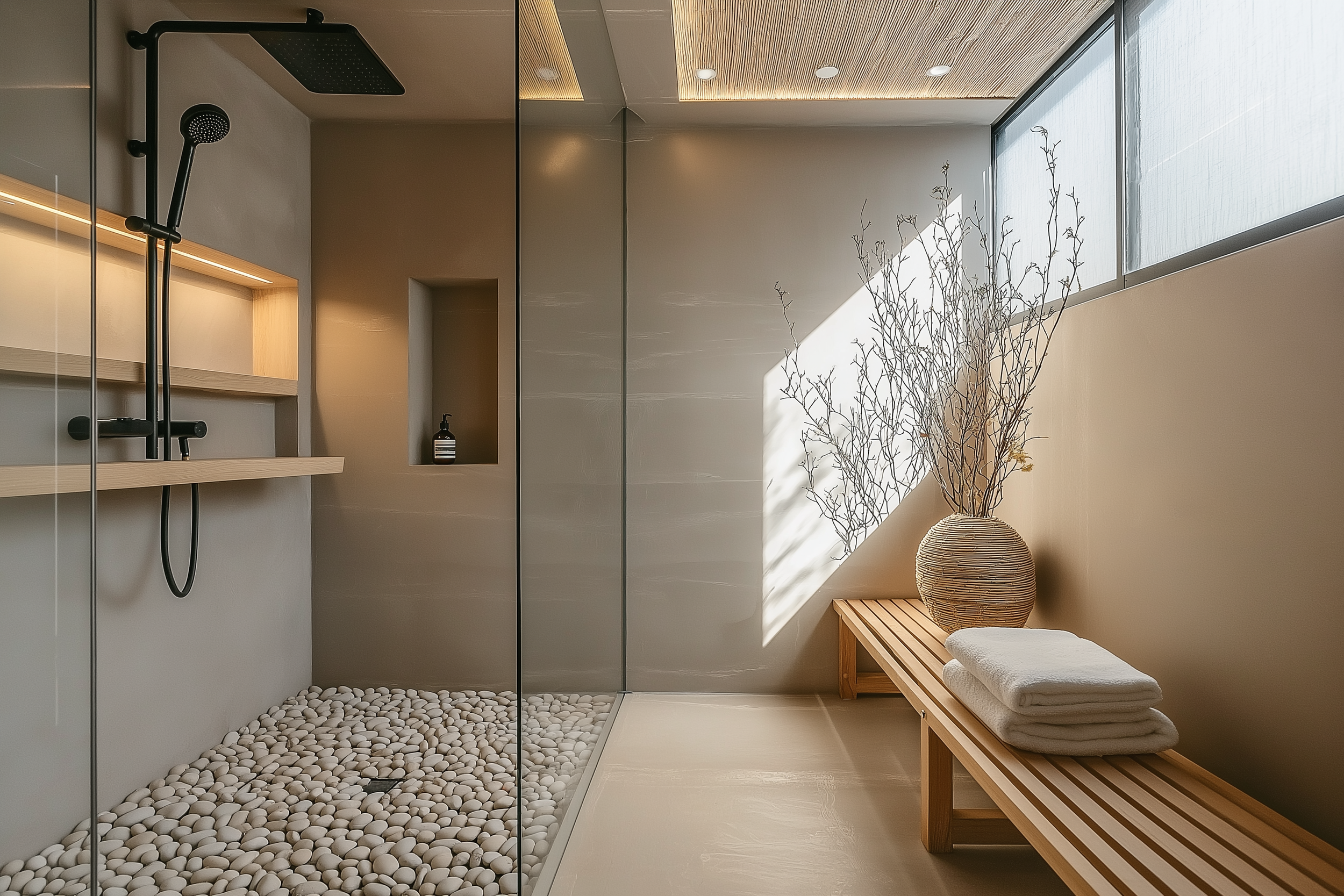 A Japandi-inspired bathroom featuring a pebble floor shower, matte black rainfall showerhead, beige walls, a minimalist wooden bench, and a decorative vase with organic branches, bathed in natural light.