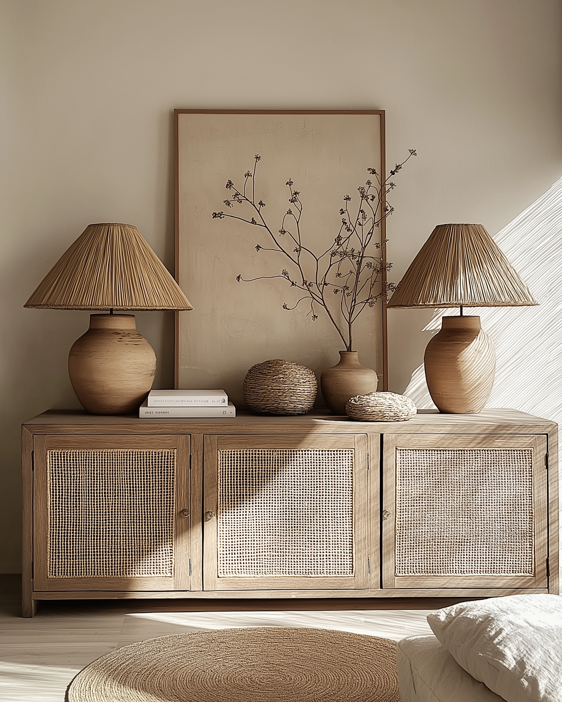 A Japandi-inspired console table with cane-front doors, neutral decor vases, woven table lamps, a minimalist framed artwork, and a jute rug, styled with warm natural light.