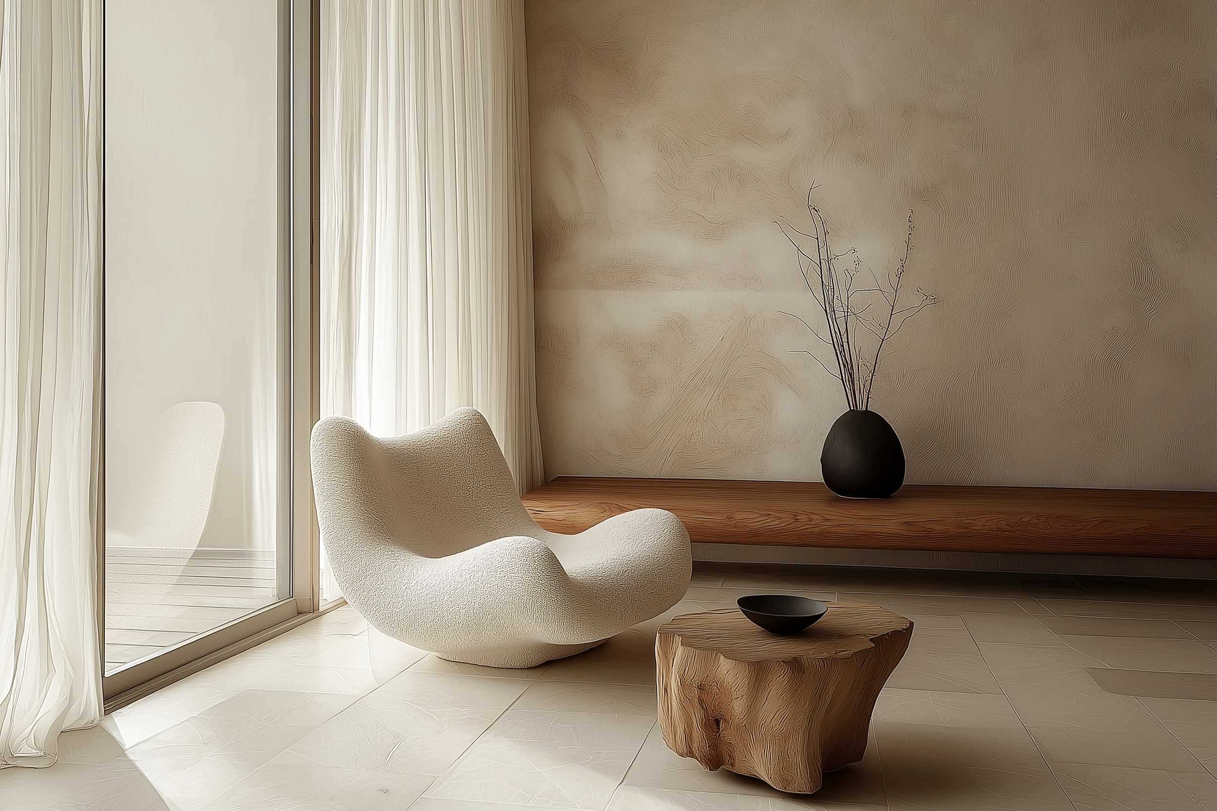 A Japandi-inspired living room with a boucle chair, a rustic wooden side table, a wall-mounted bench, and neutral textured walls, styled with minimalist decor and sheer curtains.