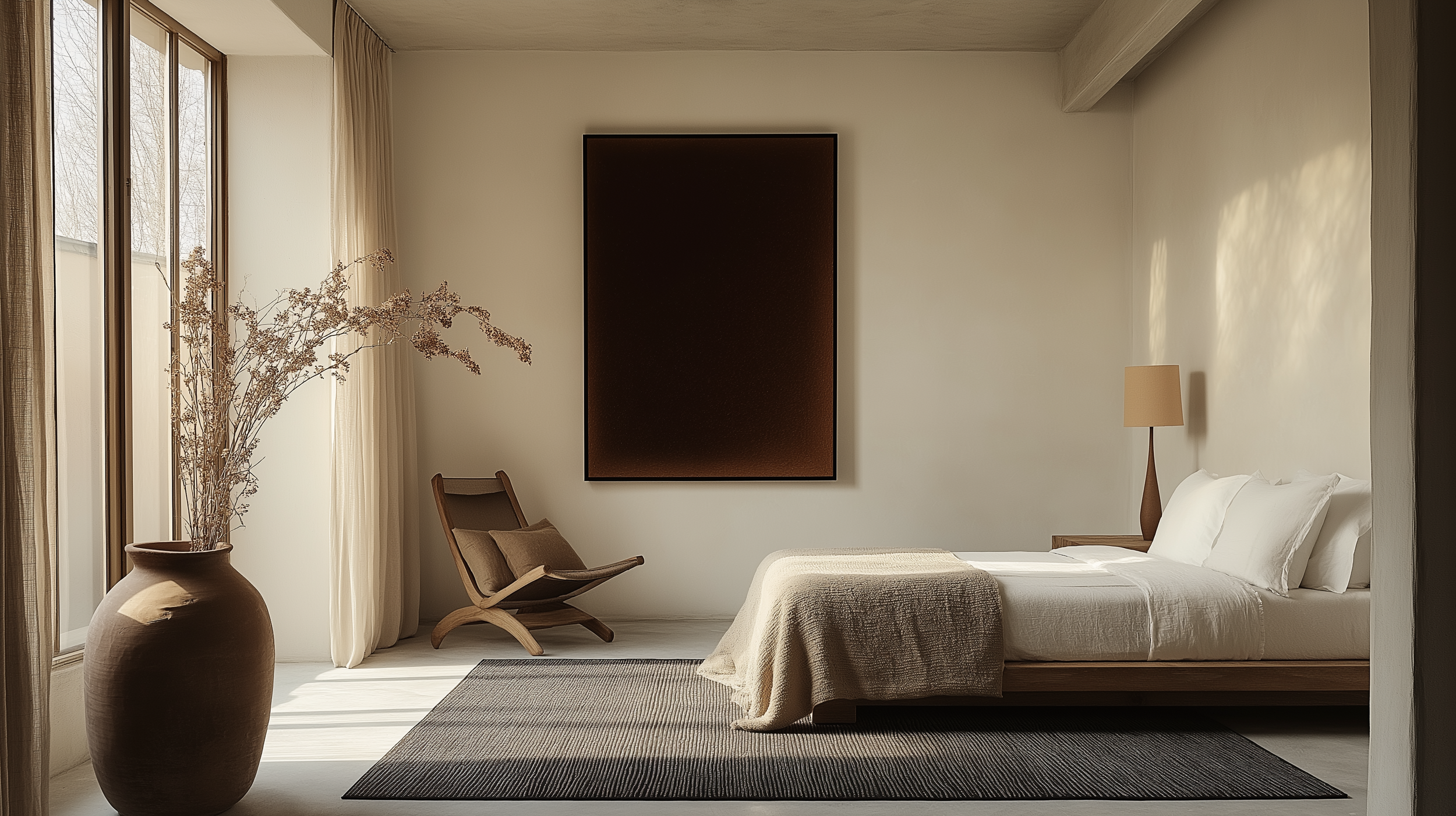 A serene Japandi bedroom with a low-profile wooden bed, textured beige bedding, a sculptural terracotta vase with dried branches, minimalist wall art, a curved wooden chair, and a neutral-toned rug.