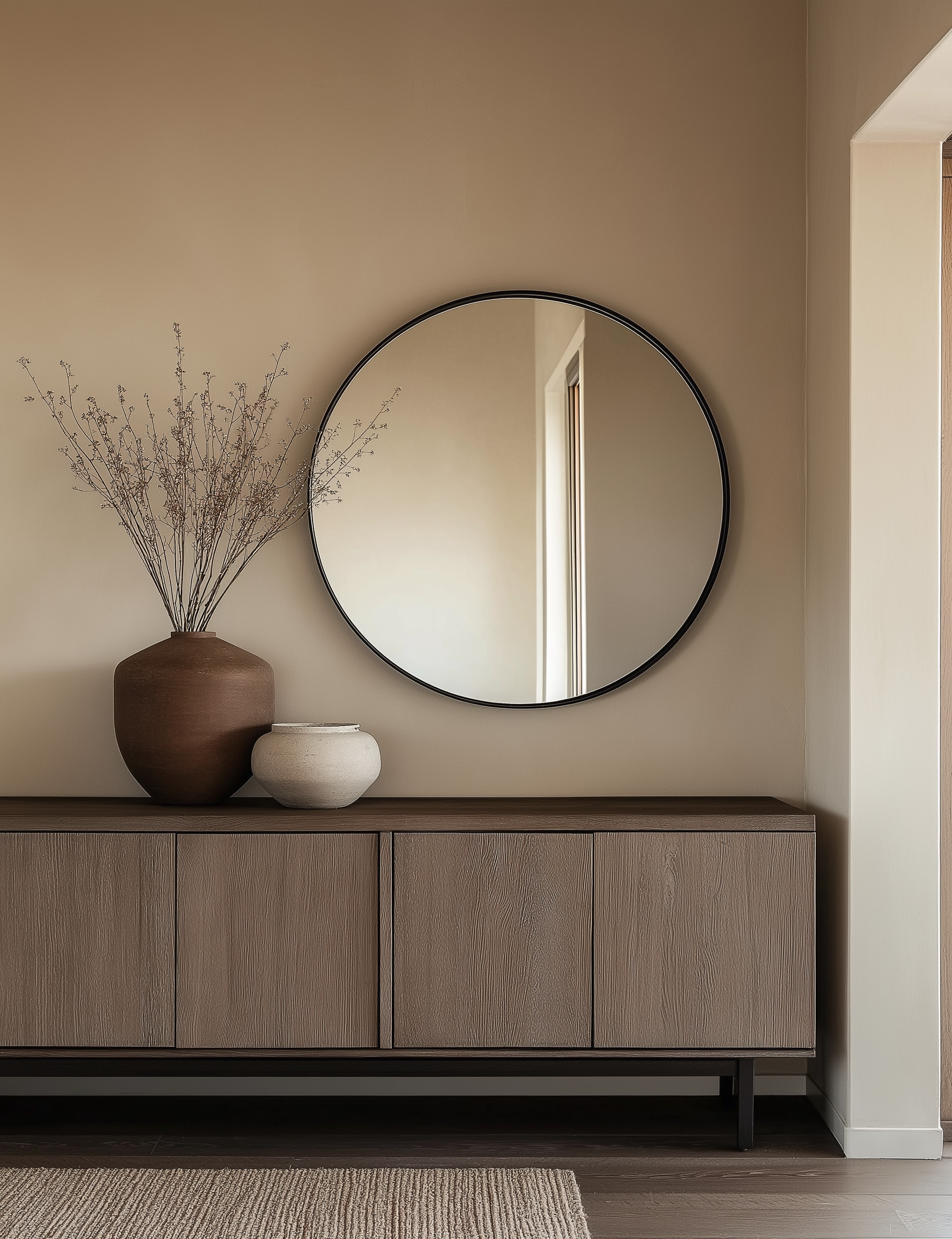 A minimalist Japandi console table styled with a round black-framed mirror, terracotta and neutral-toned ceramic vases, delicate branches, and a textured beige rug in a serene, neutral-toned room.