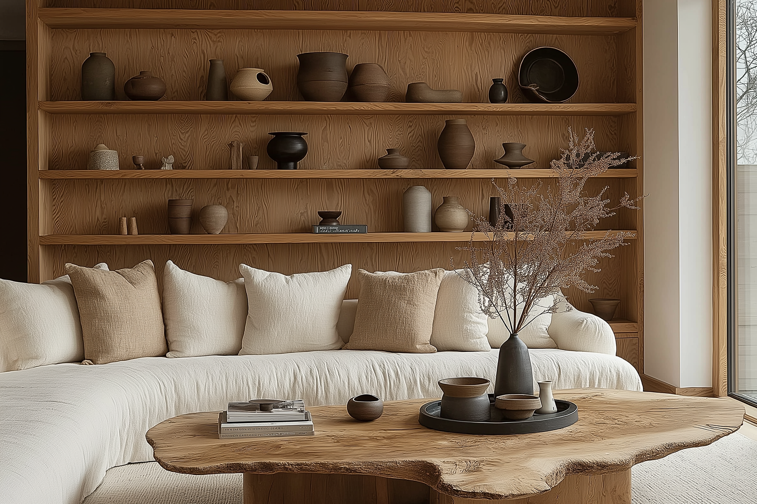 Japandi-style living room featuring a live-edge wooden coffee table, a neutral sectional sofa with beige cushions, built-in wooden shelving adorned with earthy ceramic decor, and a black vase with dried foliage as the centerpiece.