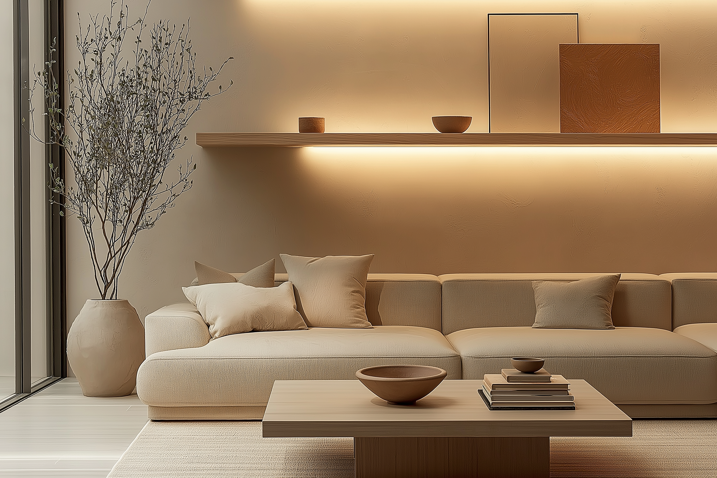 Japandi-style living room featuring a beige sectional sofa, a floating shelf with minimalist ceramics, a wooden coffee table with a ceramic bowl and books, and a statement vase with dried branches.