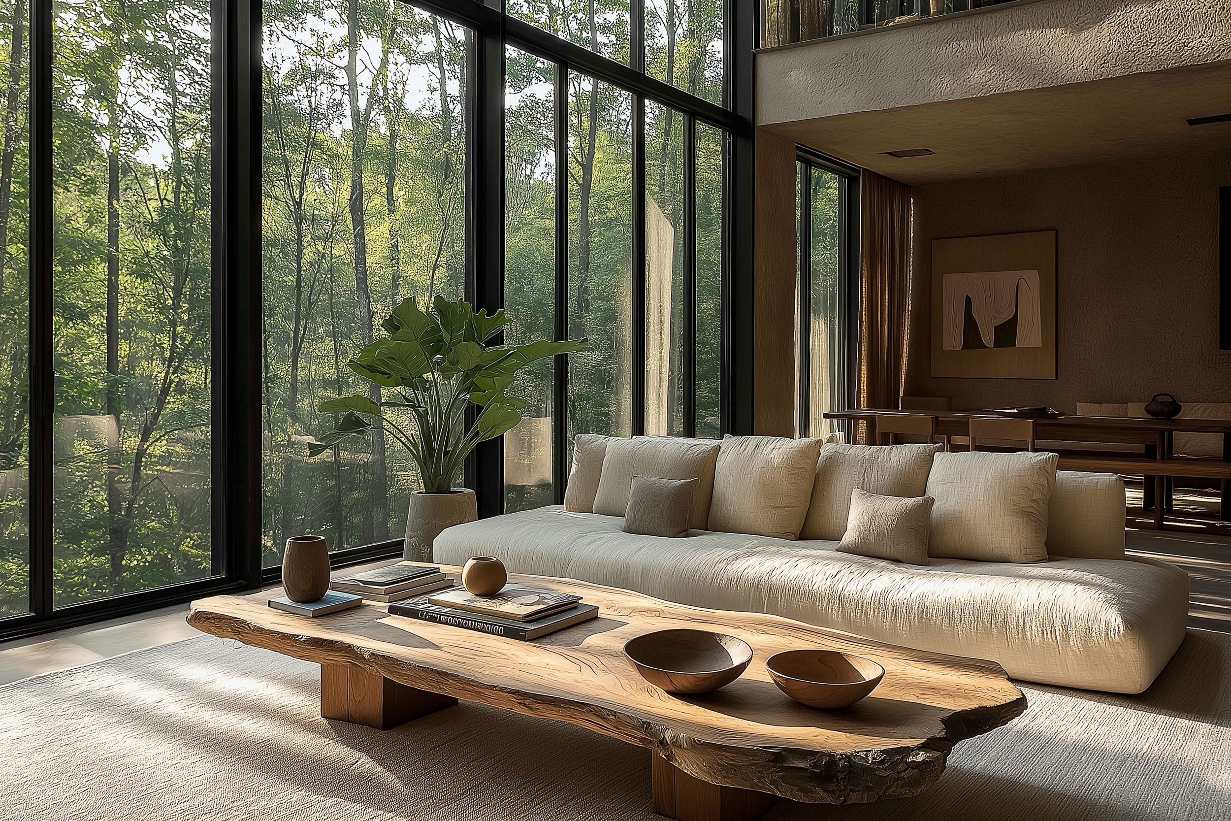 Japandi-inspired living room featuring a beige sectional sofa, a live-edge coffee table with minimalist decor, a large indoor plant, and floor-to-ceiling windows overlooking lush greenery.