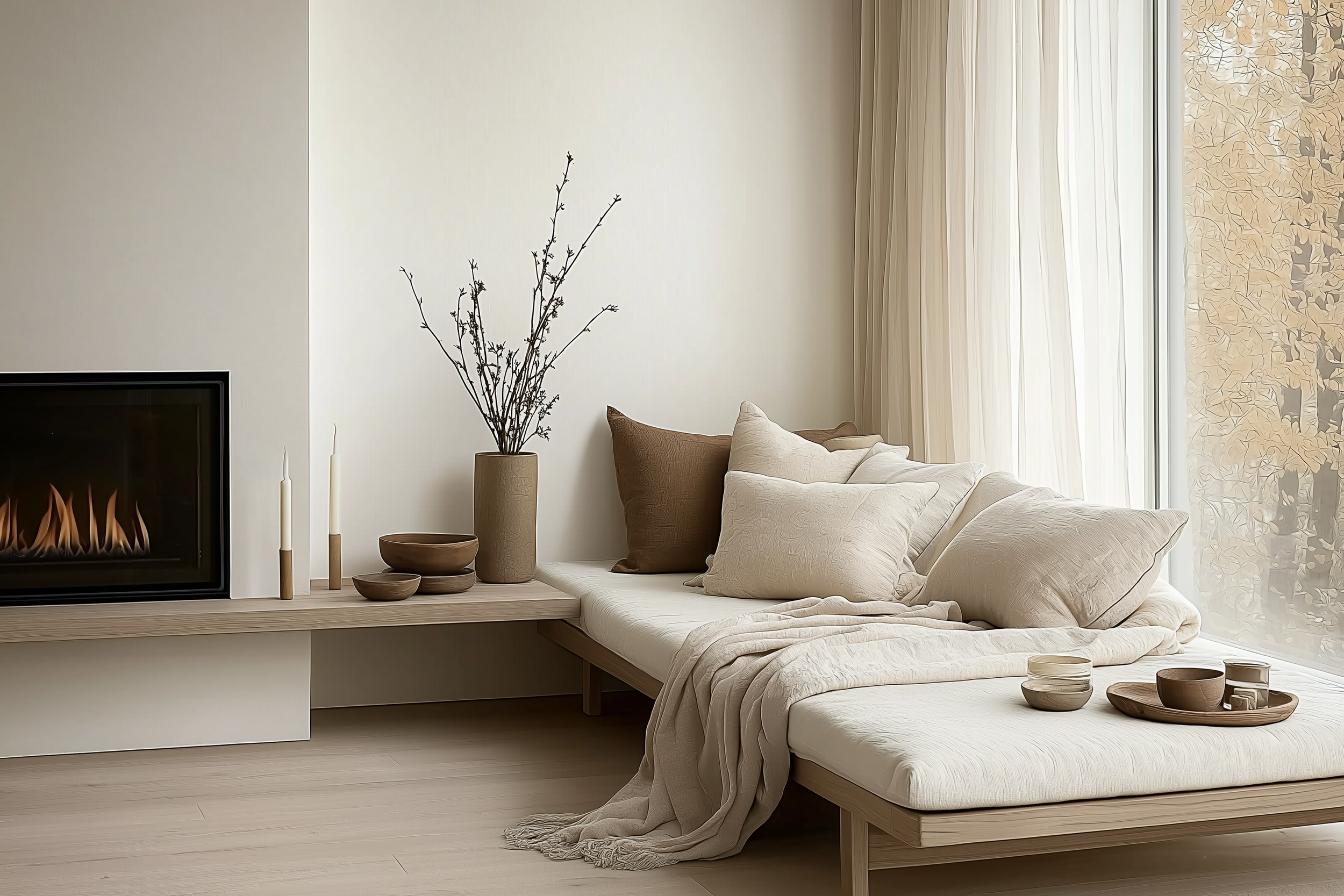 Japandi-inspired nook featuring a modern fireplace, built-in wooden bench with neutral cushions, earthy-toned accessories, and soft, flowing curtains.