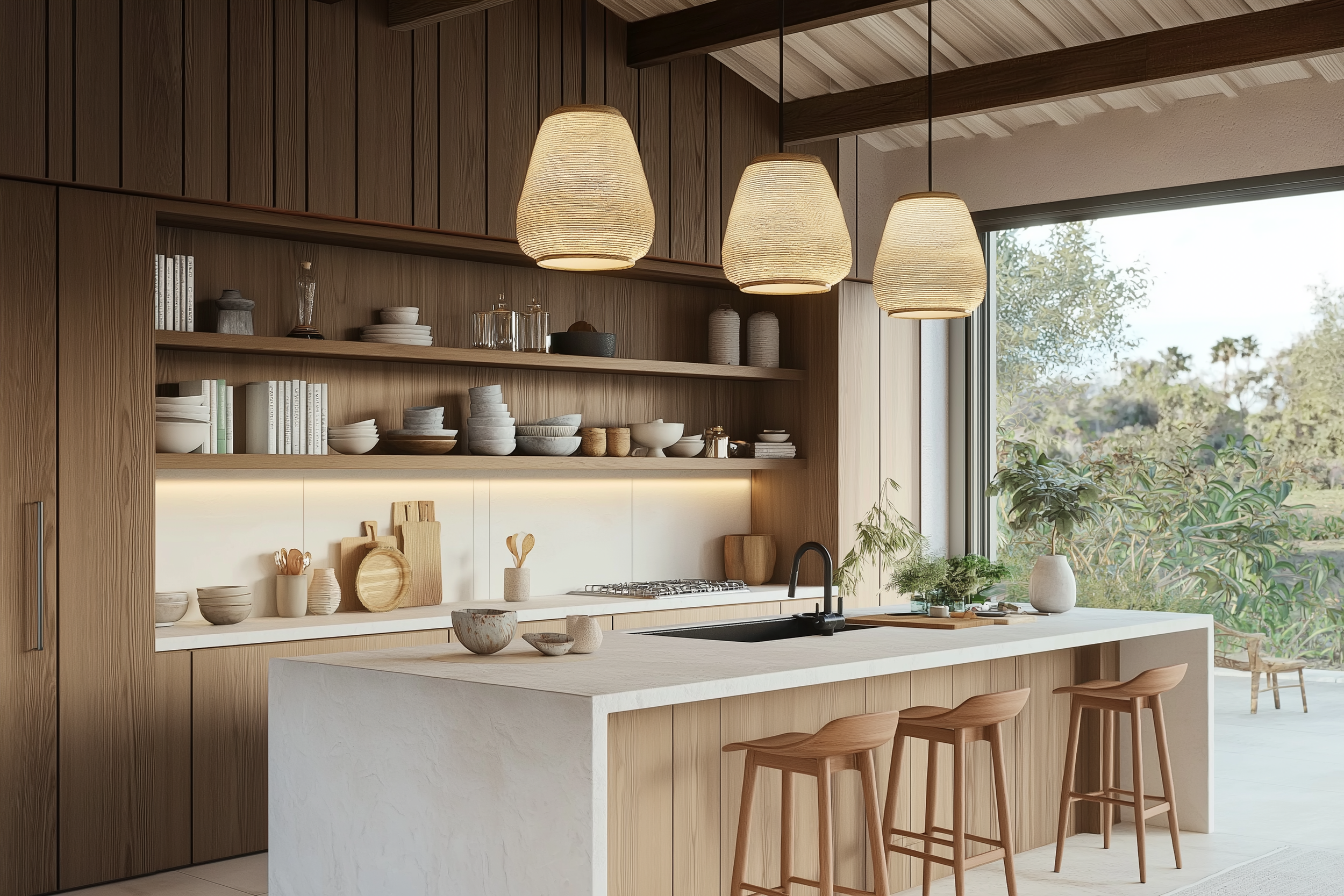 A serene Japandi kitchen featuring earthy tones, open wooden shelving, a natural stone kitchen island, and woven pendant lights creating a warm, inviting atmosphere.