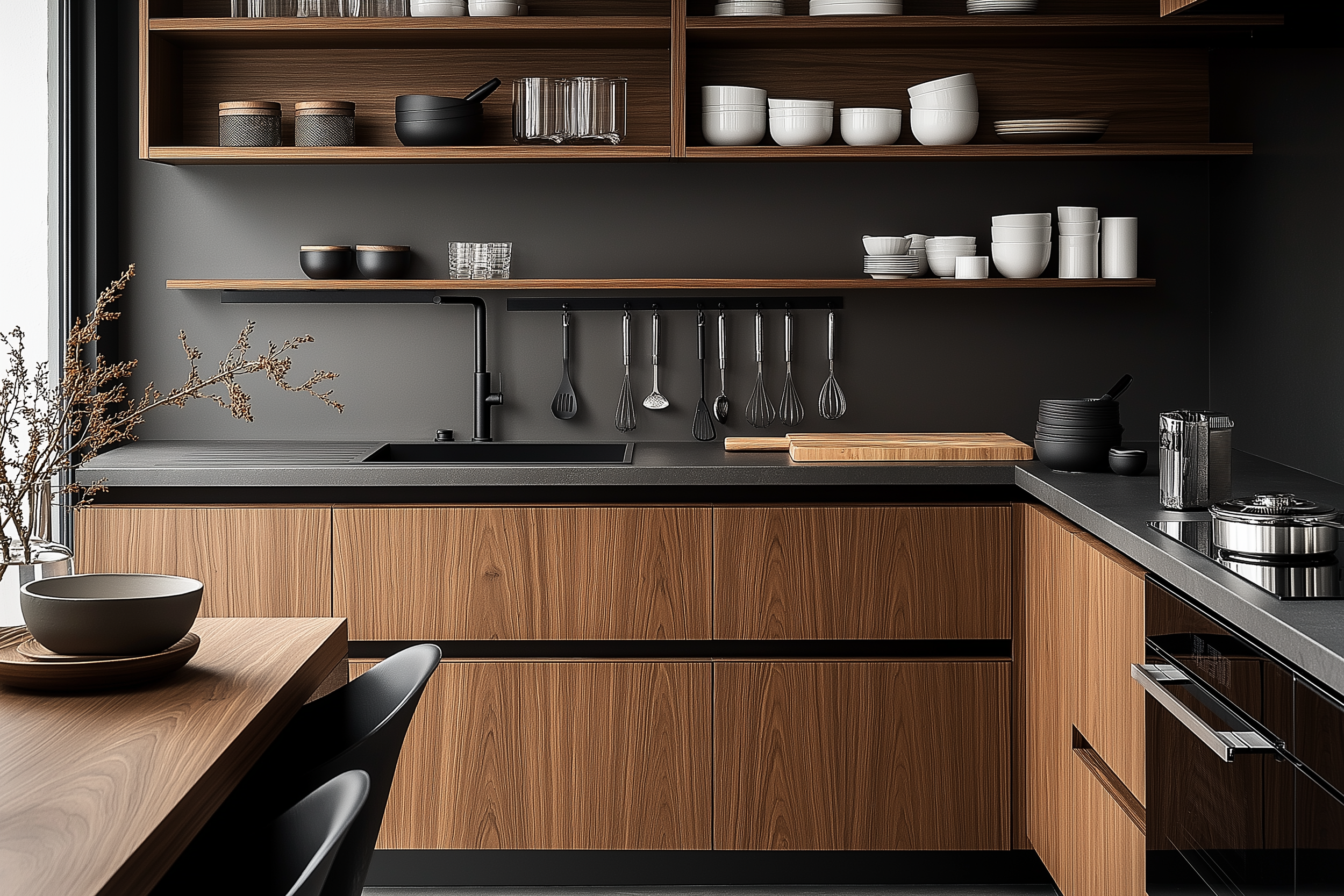 A Japandi kitchen featuring dark charcoal accents, warm wood cabinetry, open shelving with monochrome dishes, and matte black fixtures for a sleek, modern look.
