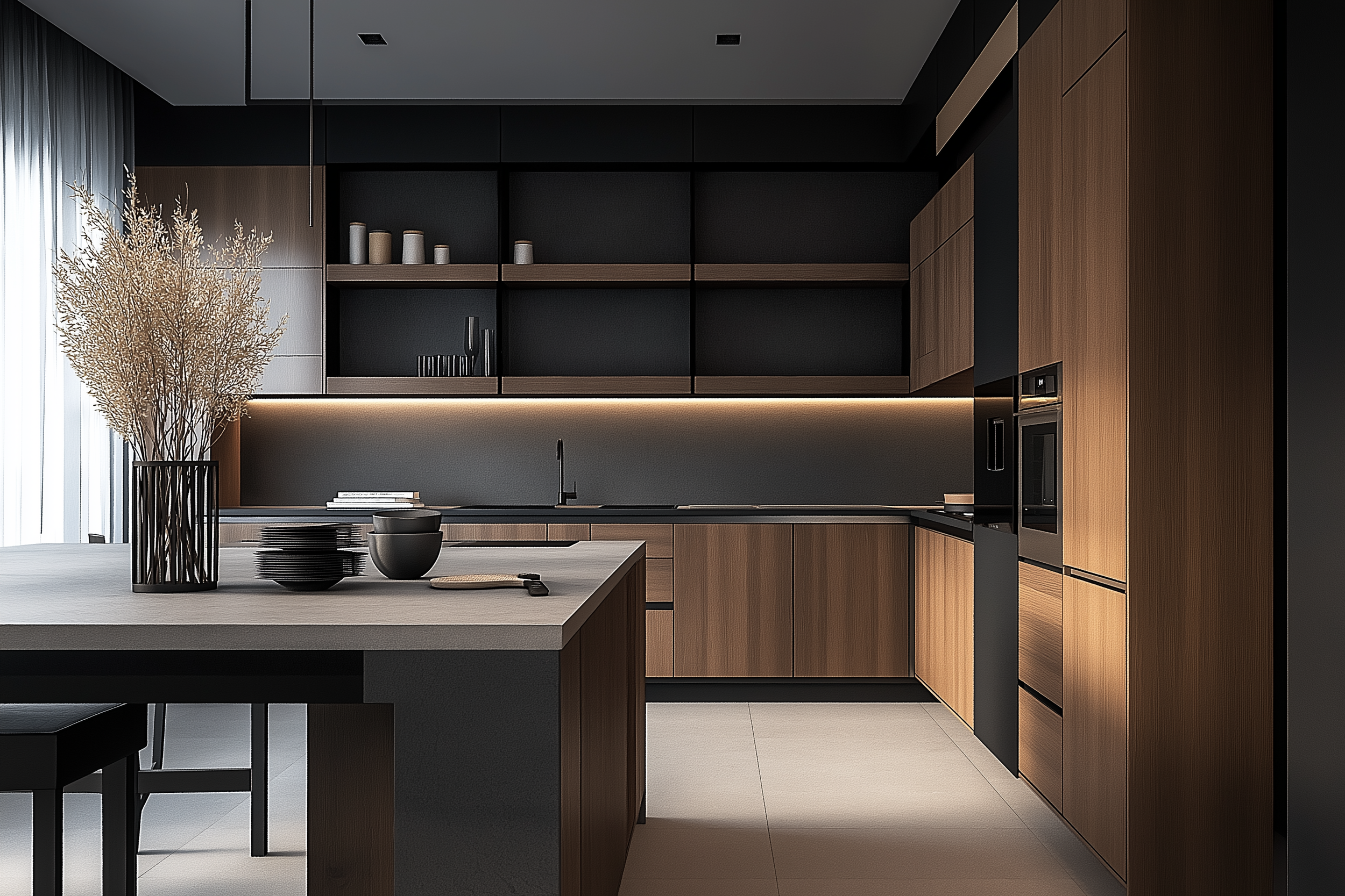 A Japandi kitchen featuring matte black cabinets, warm wood accents, open shelving with ceramics, a sleek island, and modern pendant lighting for a bold, minimalist design.