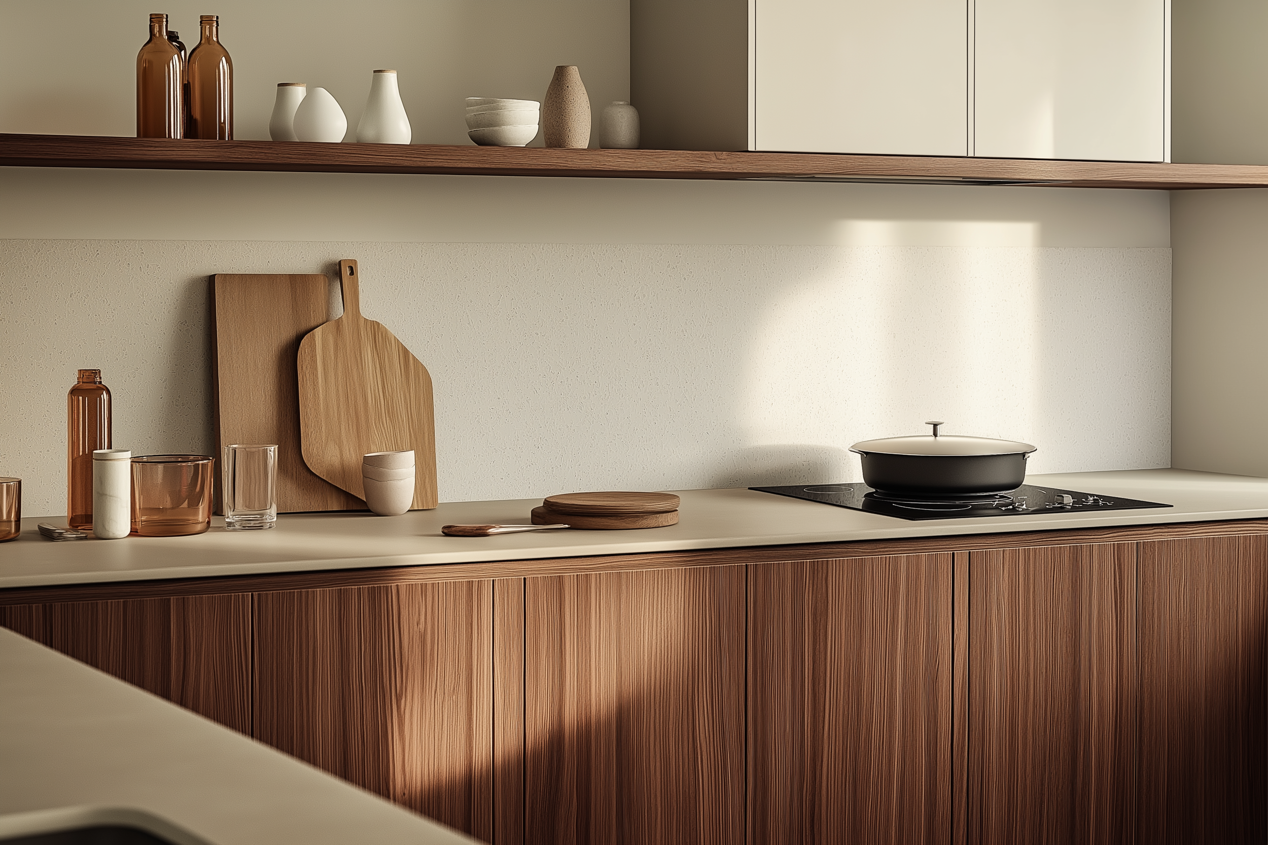 A Japandi kitchen with natural wooden cabinetry, light countertops, open shelving featuring minimalist pottery, and a sleek black induction cooktop for a modern minimalist design.