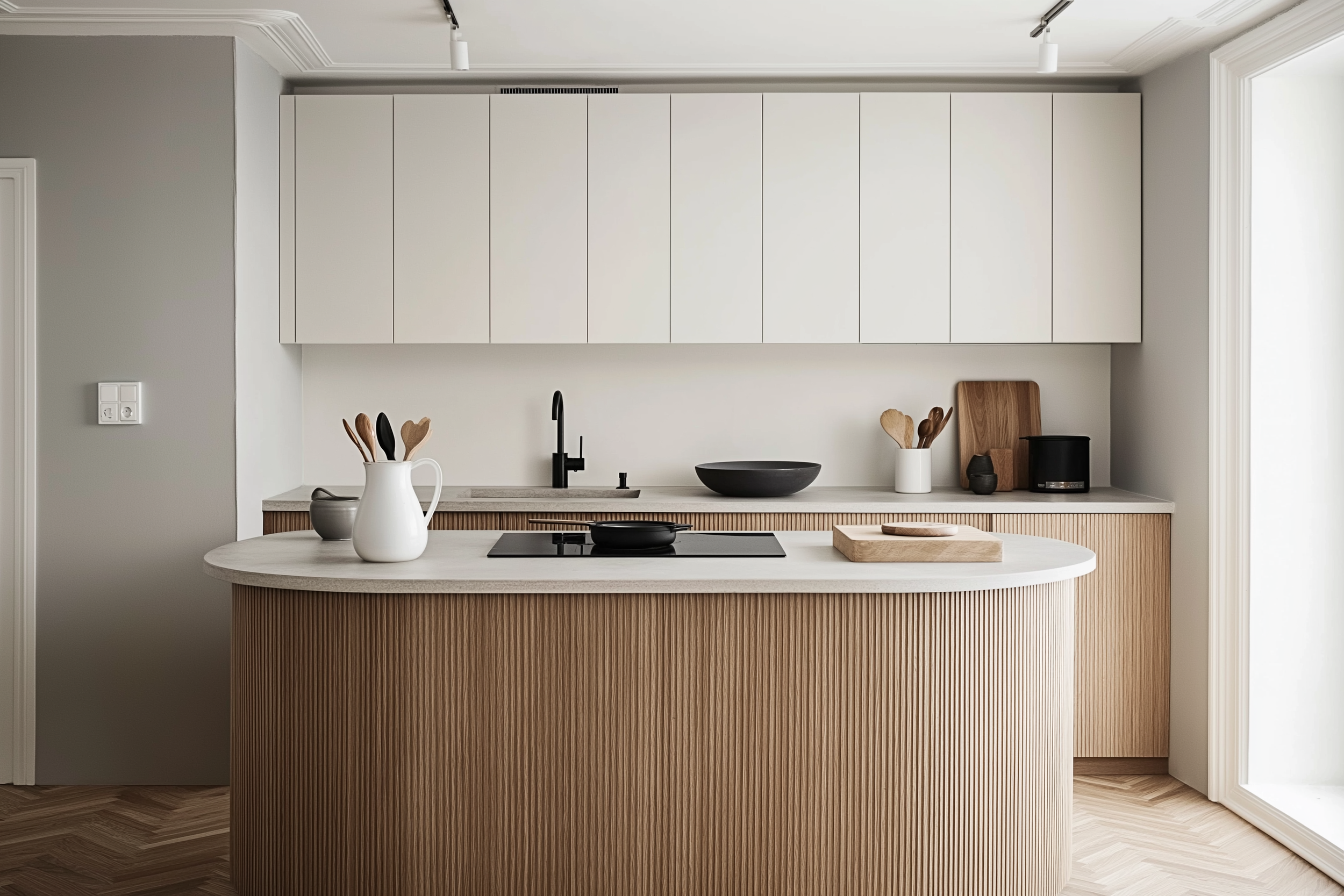 A Japandi-style kitchen featuring a curved wooden island with grooved paneling, sleek white upper cabinets, matte black fixtures, and chevron-patterned wooden floors for a modern minimalist aesthetic.