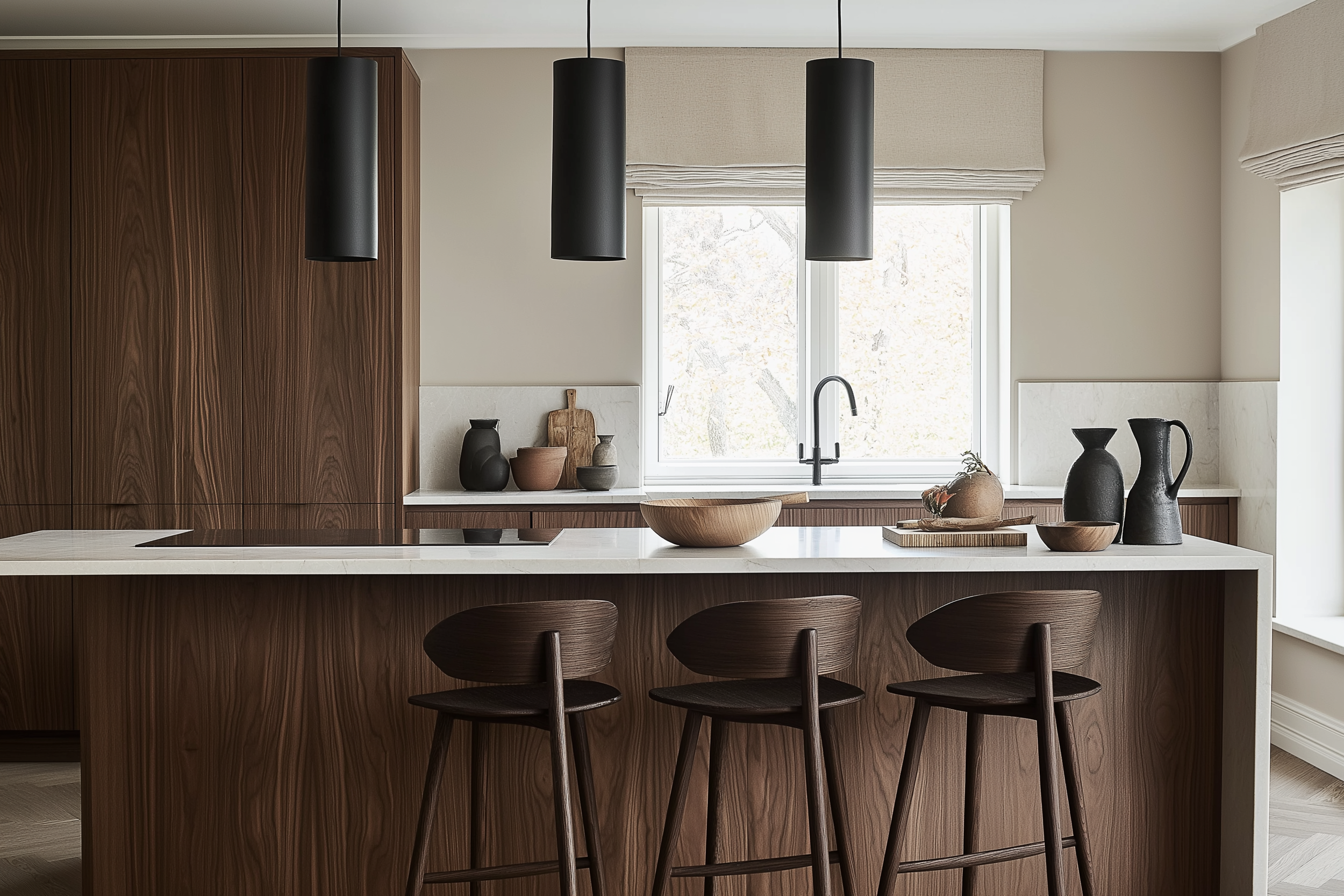 A Japandi-inspired kitchen featuring rich wooden cabinetry, sleek black pendant lights, neutral walls, and a white quartz countertop with minimalist decor for a warm, modern aesthetic.