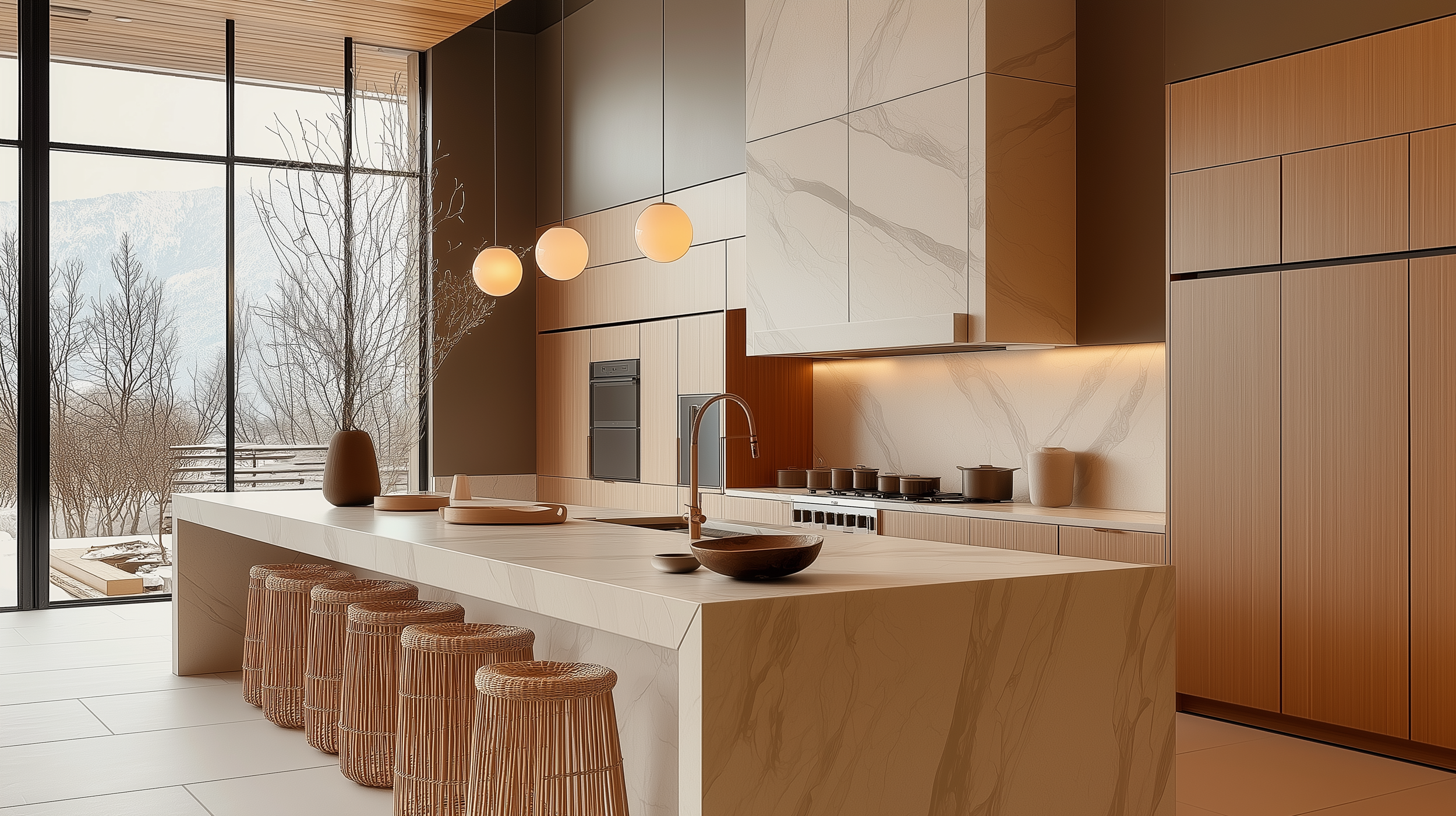 A Japandi-style kitchen featuring a marble island, wicker stools, warm wooden cabinetry, and oversized windows with globe pendant lights for a serene and modern aesthetic