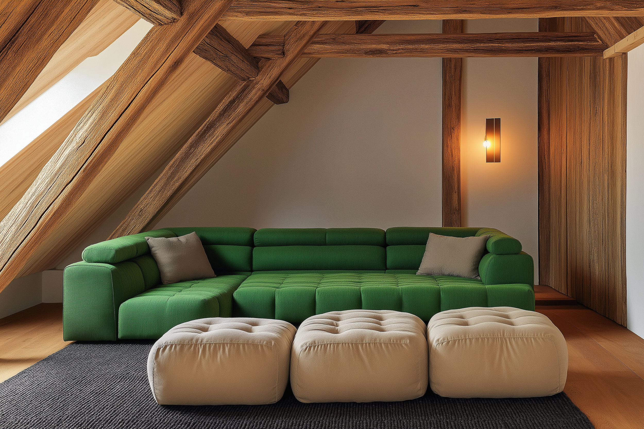 A Scandinavian-inspired living room with a bold green sectional sofa, beige poufs, and natural wood accents in an attic space with exposed beams.