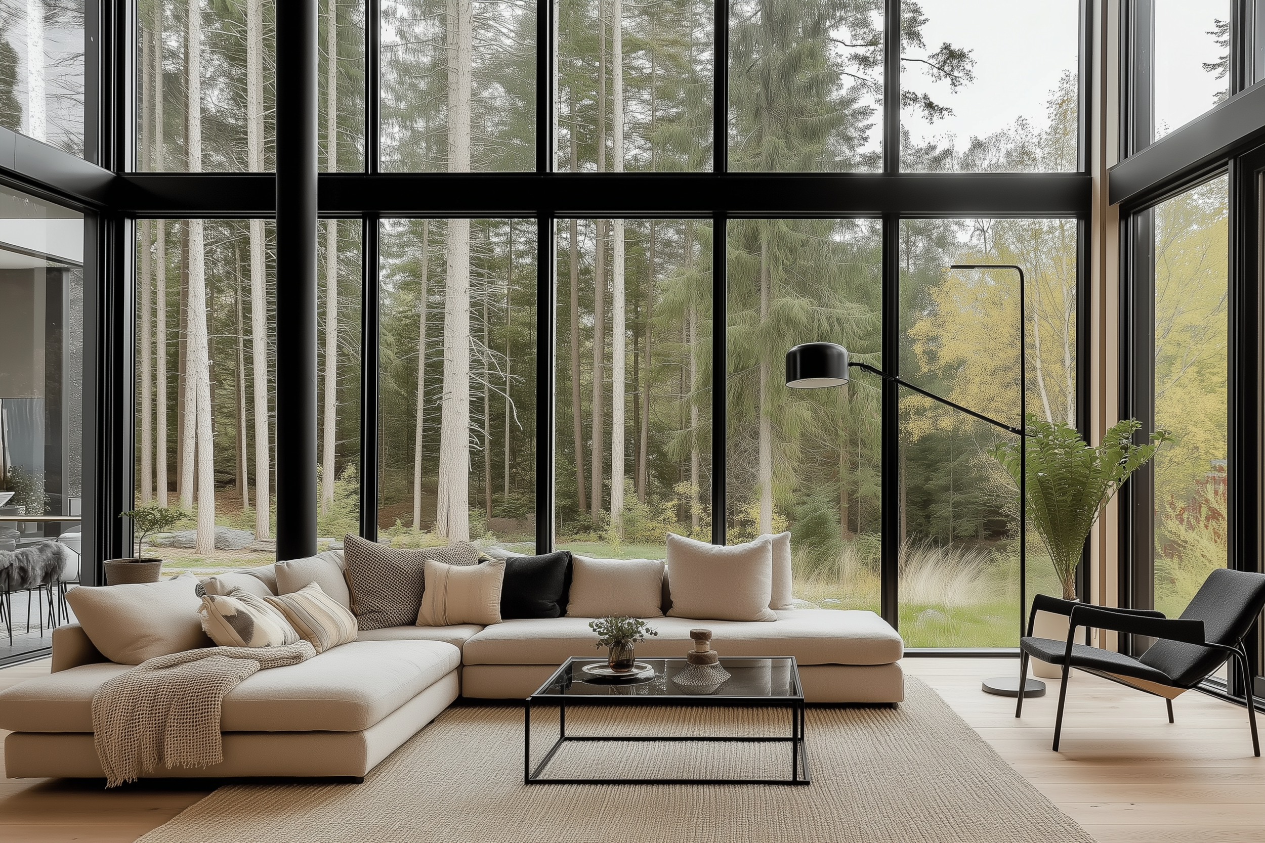 A Scandinavian living room with a neutral color palette, featuring a beige sectional, black armchair, and large windows with a view of the forest.