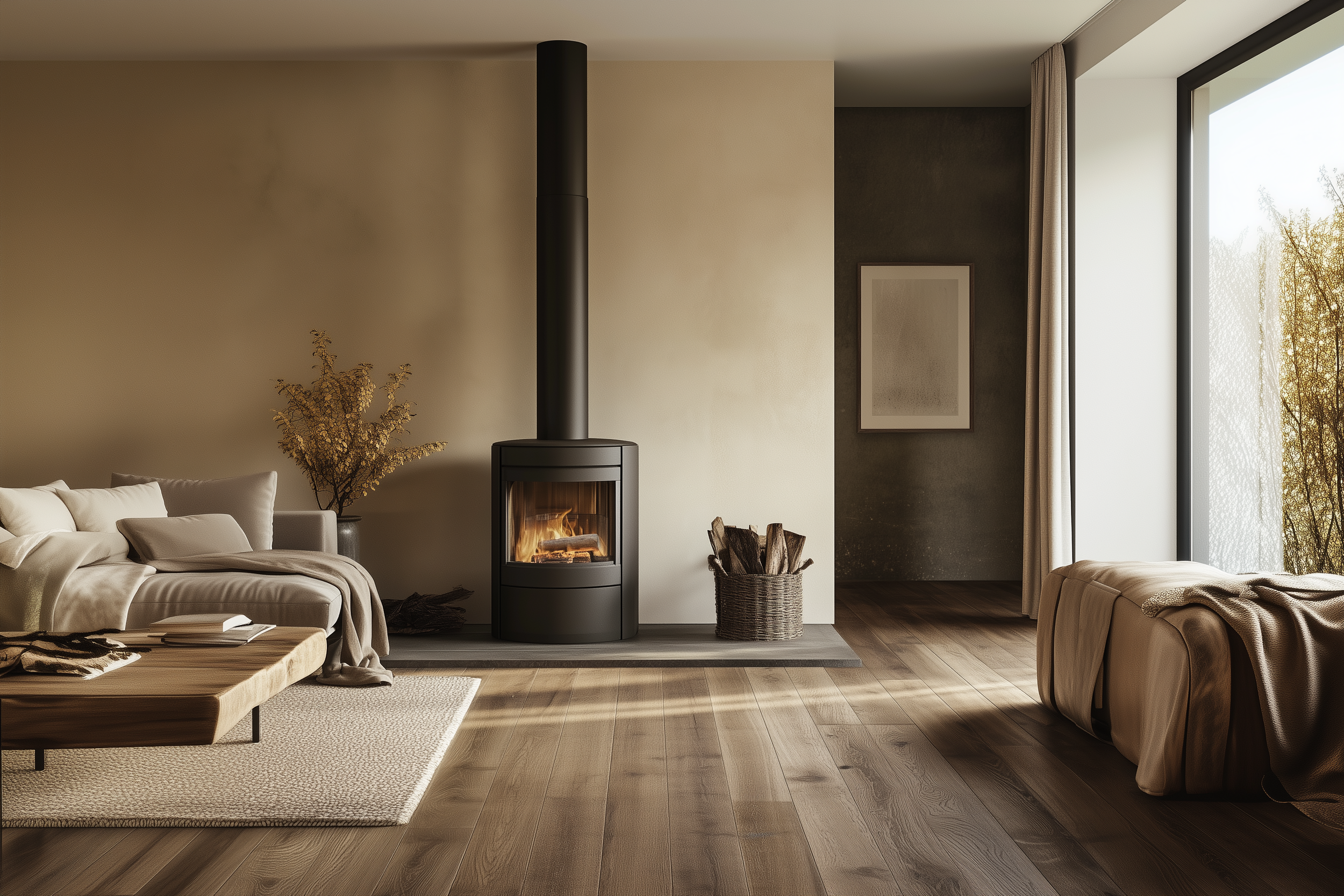 Scandinavian living room with a neutral color palette, featuring a fireplace, wood coffee table, and cozy seating area.