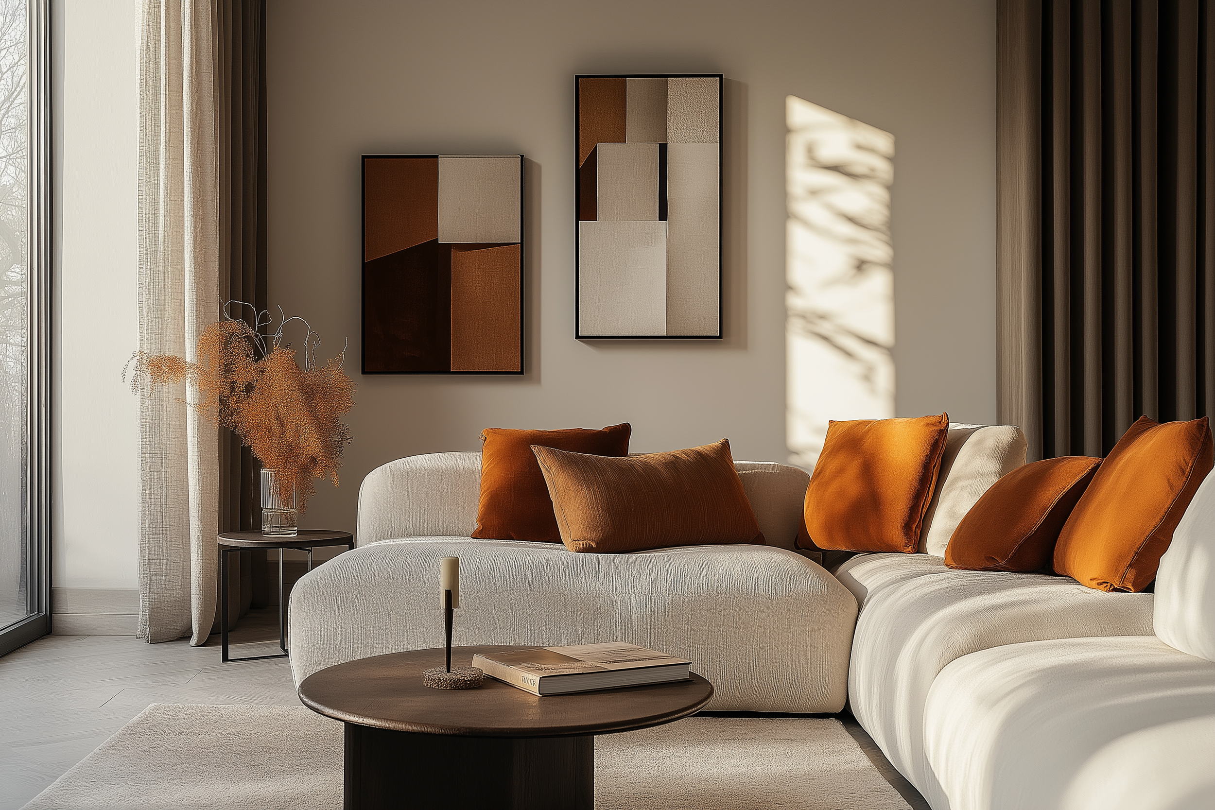 Scandinavian living room with neutral tones, auburn throw pillows, geometric art on the wall, and large windows overlooking nature.