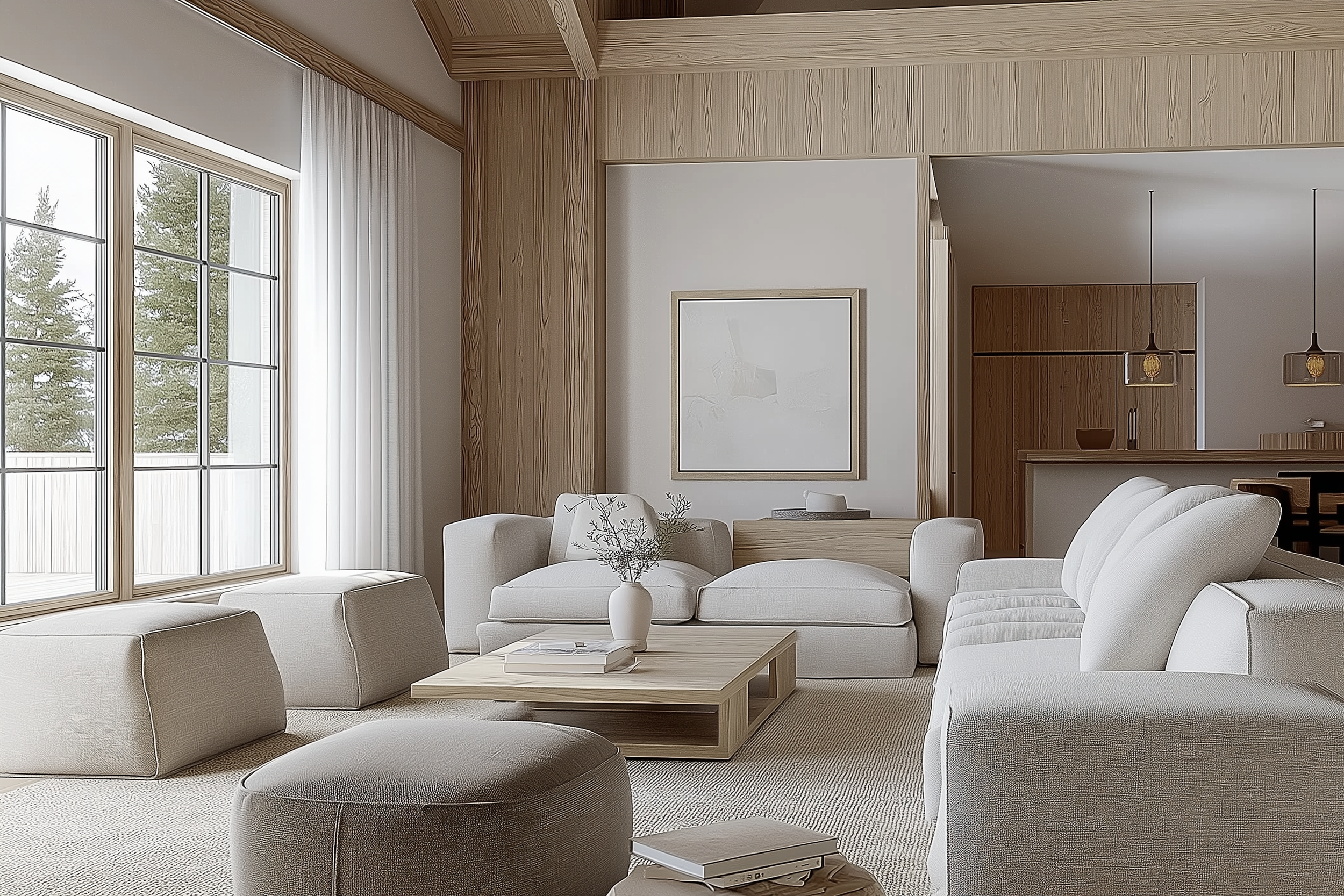 Scandinavian living room with a light wood aesthetic, neutral tones, and minimalist furniture, featuring floor-to-ceiling windows with a natural view.