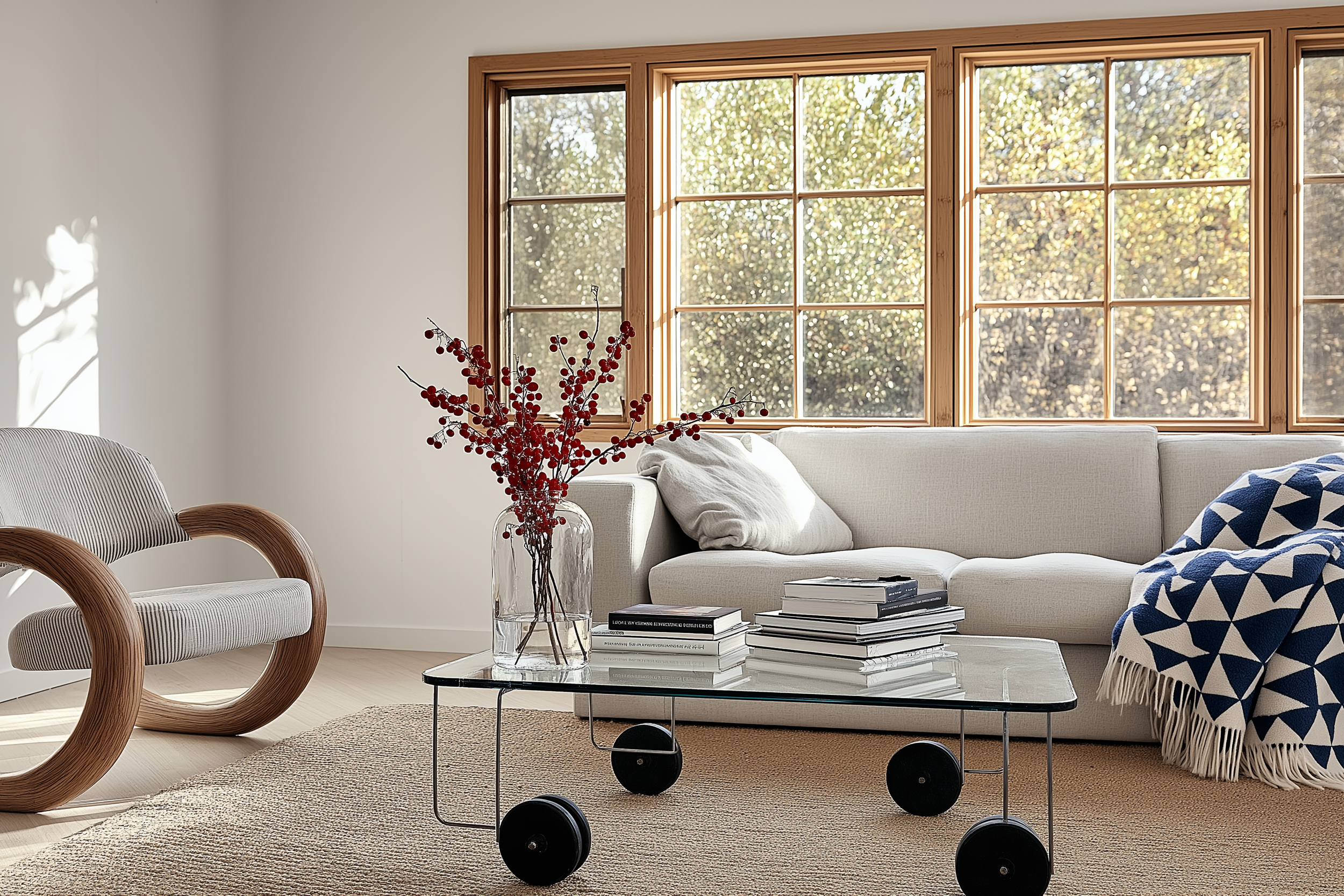 Modern Scandinavian living room with minimalist decor, featuring a white sofa, glass coffee table with black wheels, and natural light from large windows.