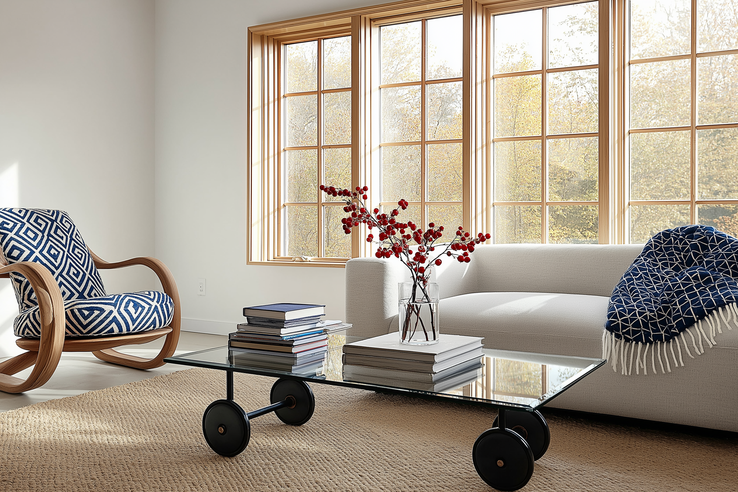 Cozy Scandinavian living room featuring natural light, neutral-toned sofa, glass coffee table with books, and modern armchair with a geometric pattern.