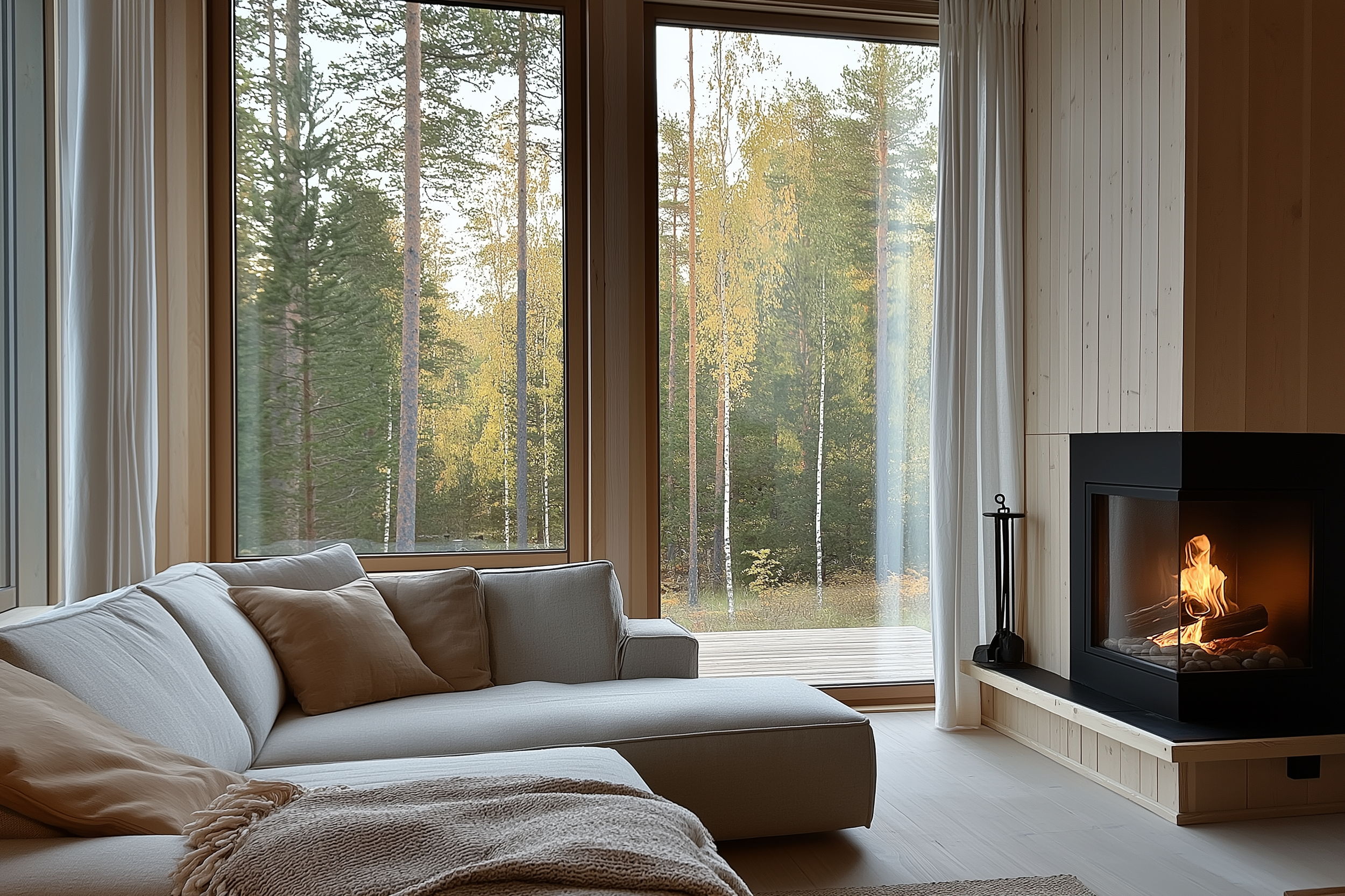 Scandinavian living room with a fireplace, soft beige sofa, and large windows offering a peaceful forest view.